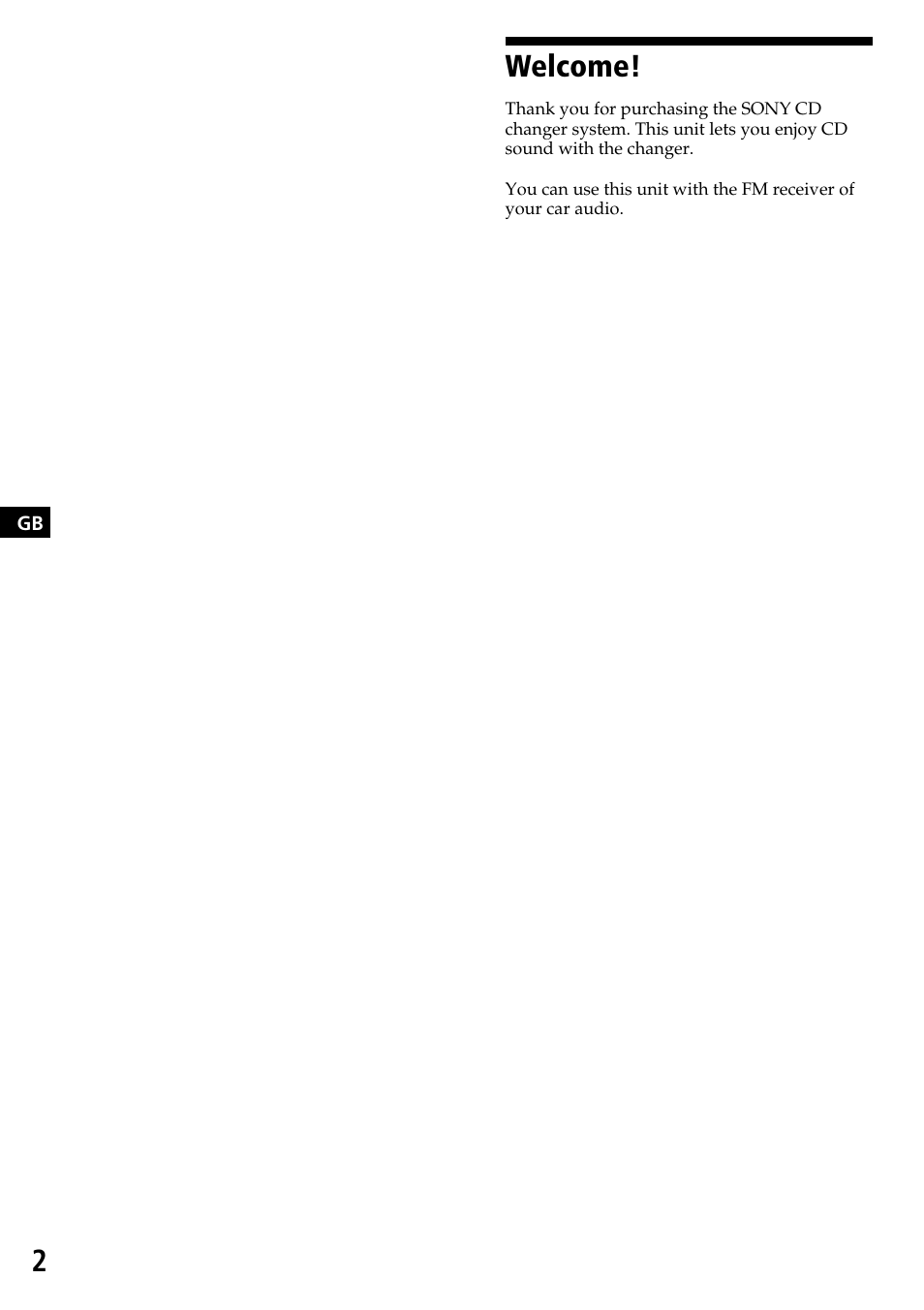 Welcome | Sony CDX-525RF User Manual | Page 2 / 52