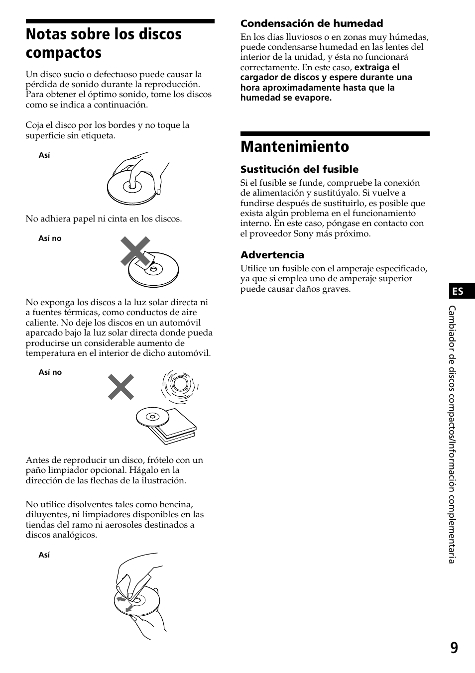 Notas sobre los discos compactos, Mantenimiento | Sony CDX-525RF User Manual | Page 21 / 52