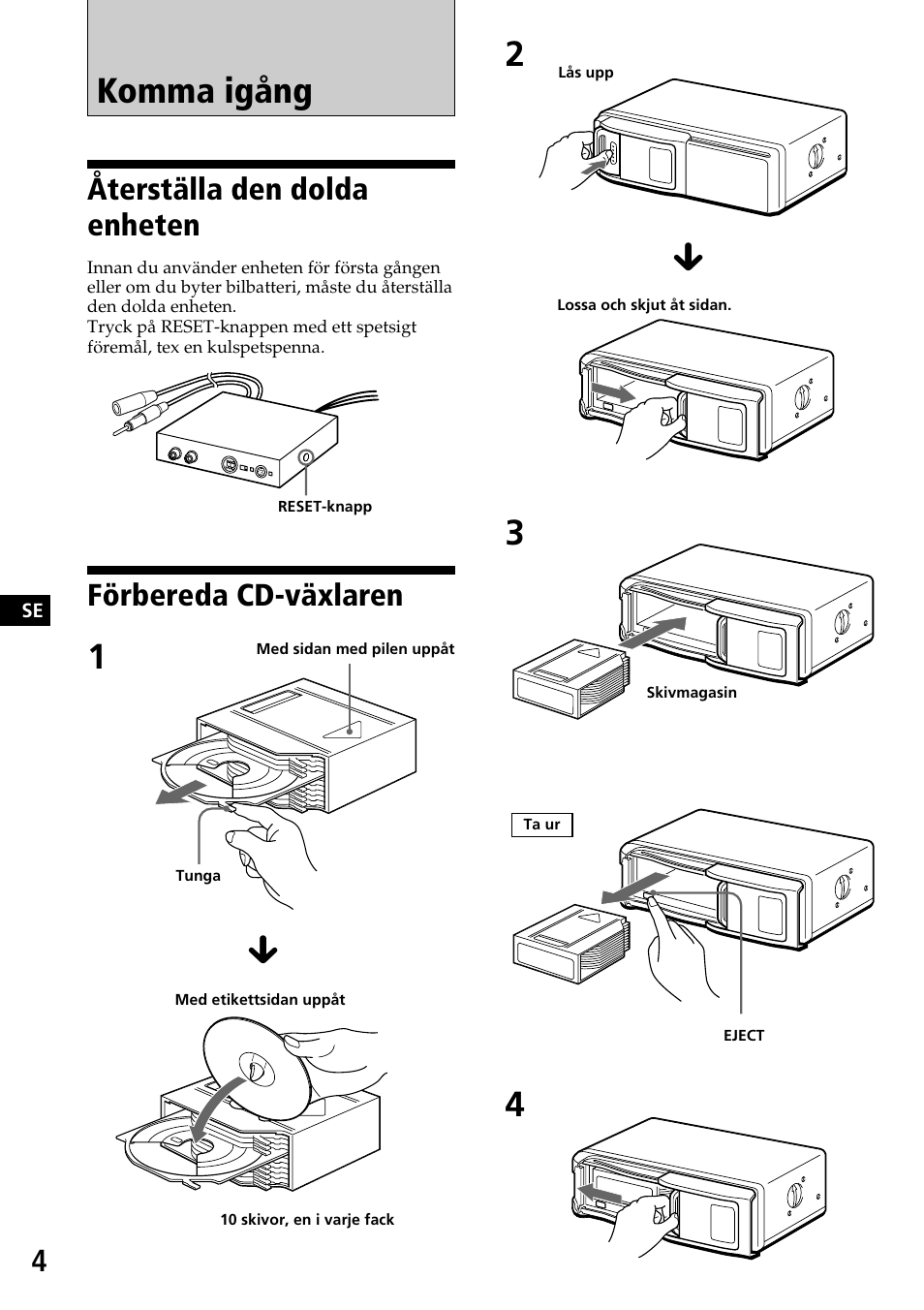 Komma igång, Återställa den dolda enheten, Förbereda cd-växlaren | Sony CDX-525RF User Manual | Page 30 / 52