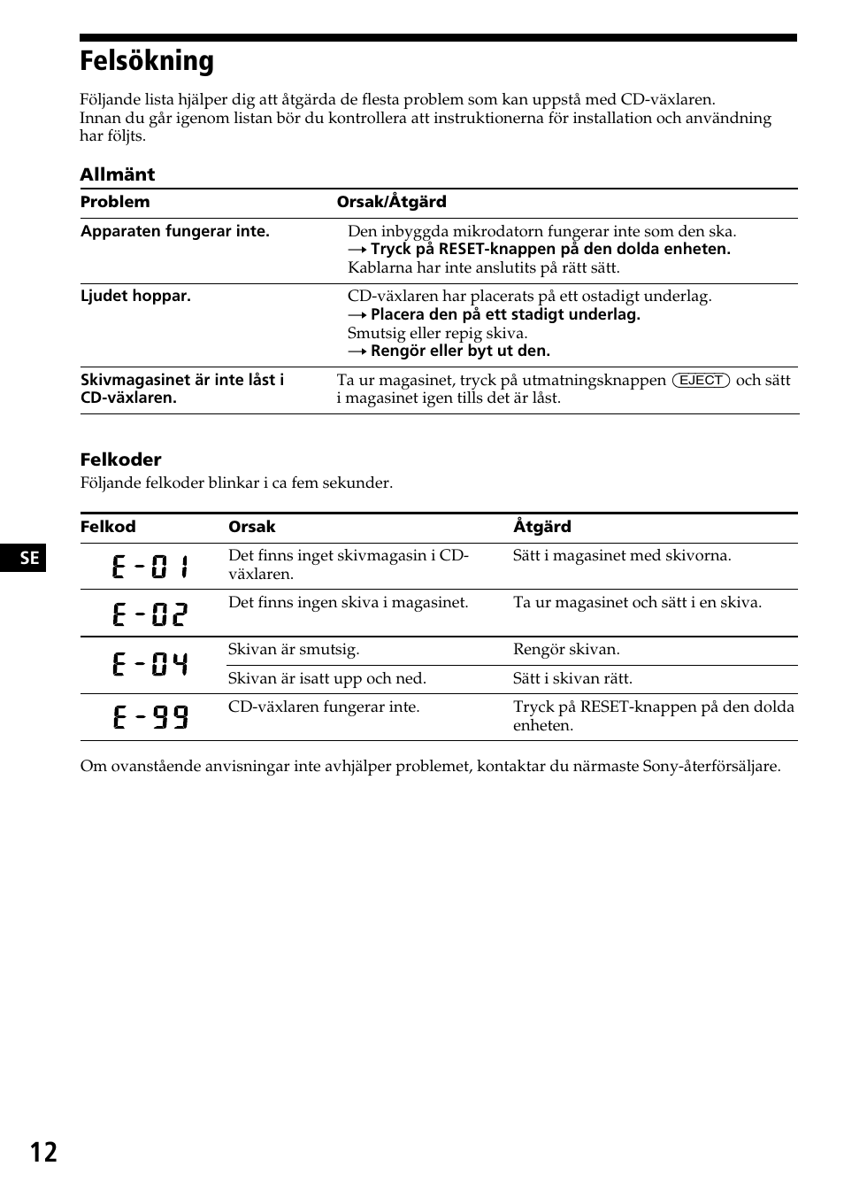 Felsökning | Sony CDX-525RF User Manual | Page 38 / 52