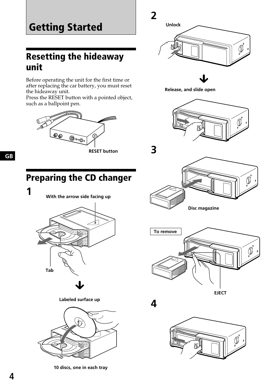 Getting started, Resetting the hideaway unit, Preparing the cd changer | Sony CDX-525RF User Manual | Page 4 / 52