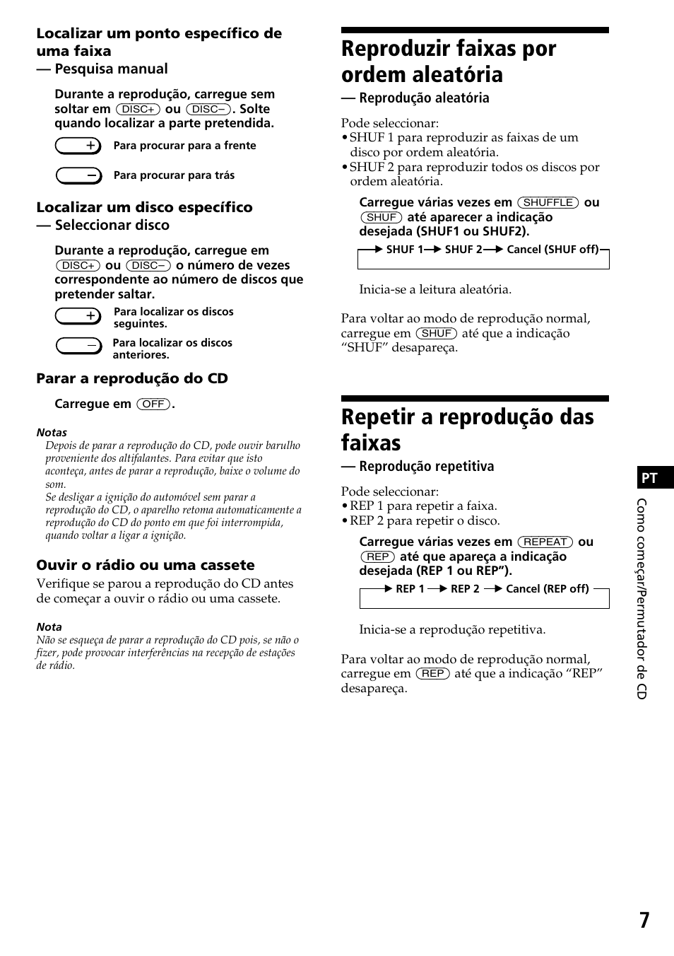 Reproduzir faixas por ordem aleatória, Repetir a reprodução das faixas | Sony CDX-525RF User Manual | Page 45 / 52