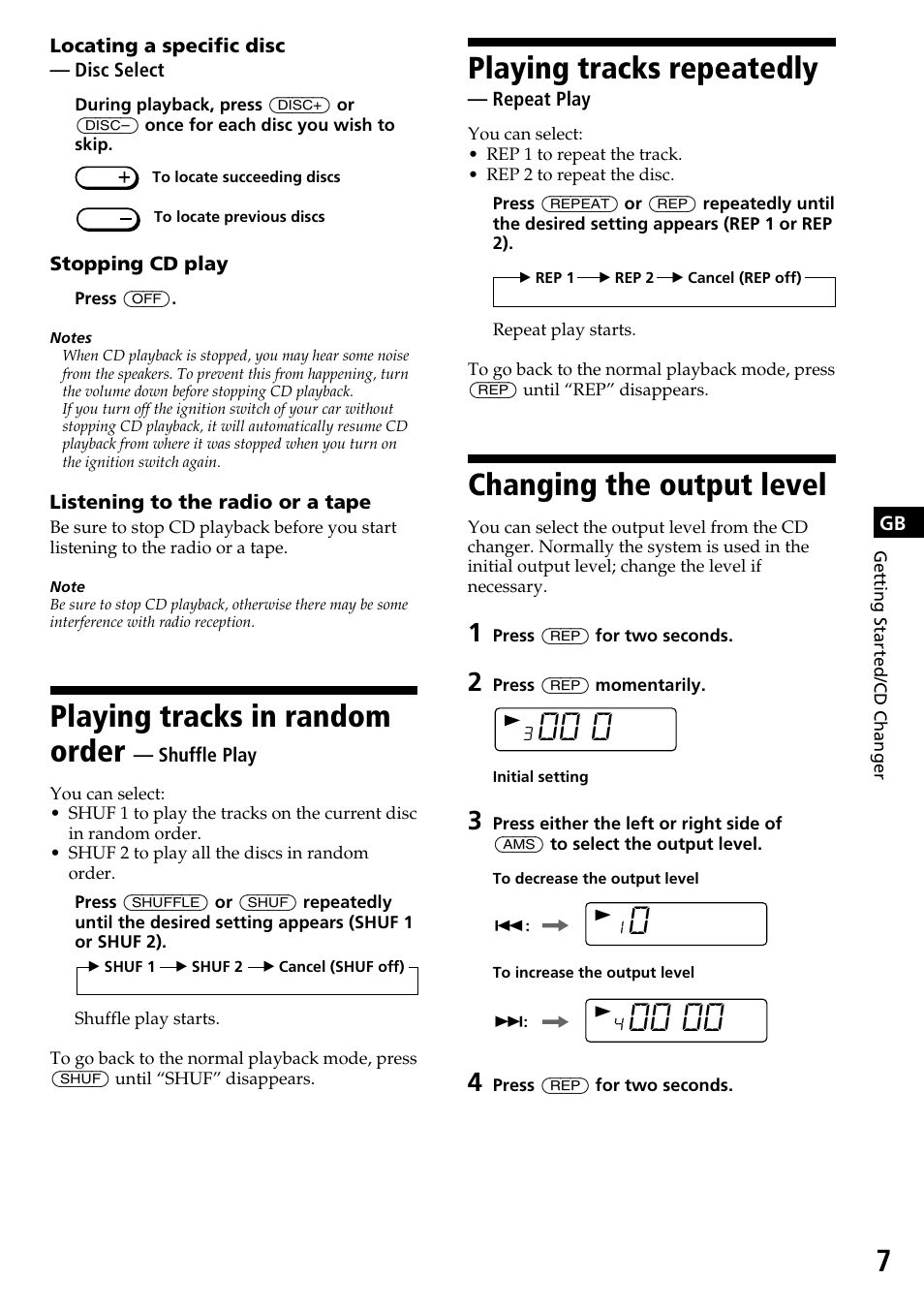 Playing tracks repeatedly, Changing the output level, Playing tracks in random order | Sony CDX-525RF User Manual | Page 7 / 52