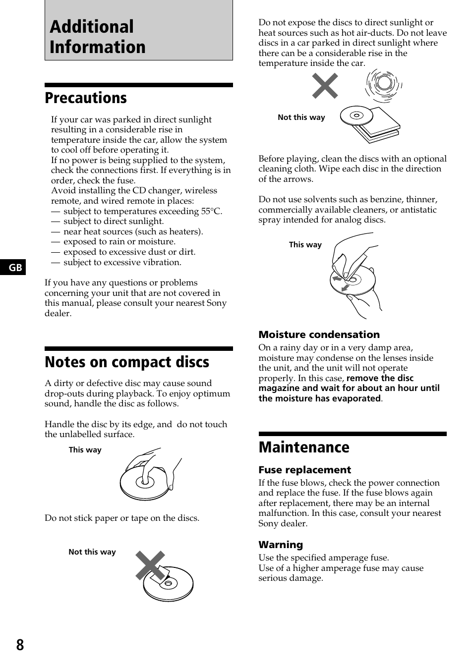 Additional information, Precautions, Maintenance | Sony CDX-525RF User Manual | Page 8 / 52