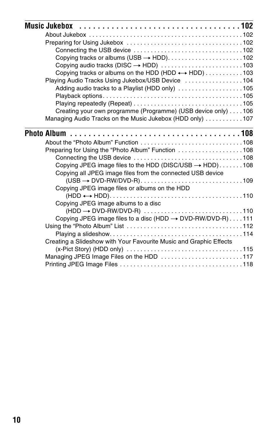10 music jukebox, Photo album | Sony RDR-HXD995 User Manual | Page 10 / 168
