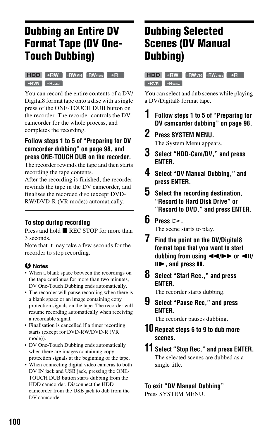 Dubbing selected scenes (dv manual dubbing) | Sony RDR-HXD995 User Manual | Page 100 / 168