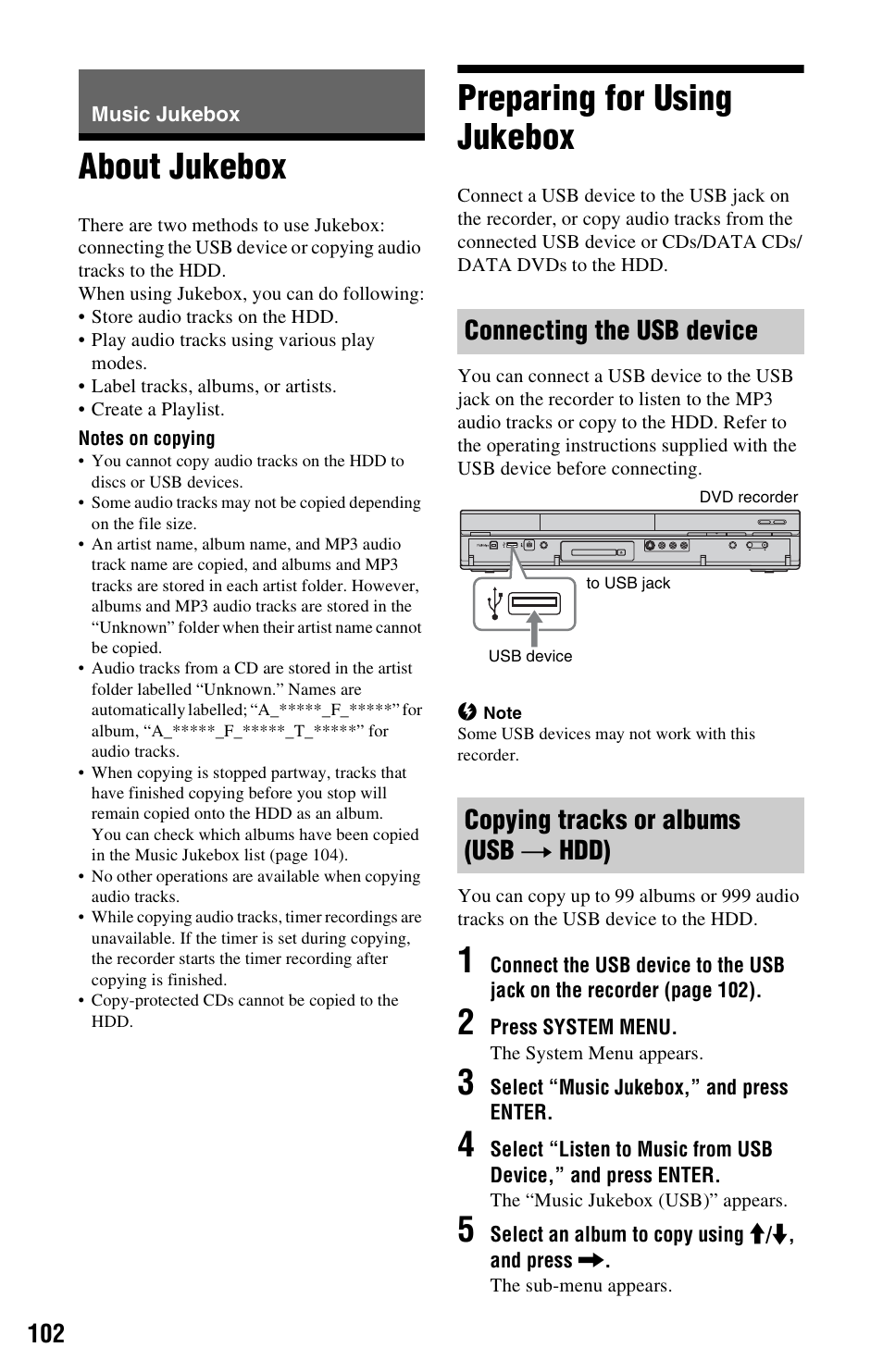 Music jukebox, About jukebox, Preparing for using jukebox | Connecting the usb device, Copying tracks or albums (usb t hdd), About jukebox preparing for using jukebox | Sony RDR-HXD995 User Manual | Page 102 / 168