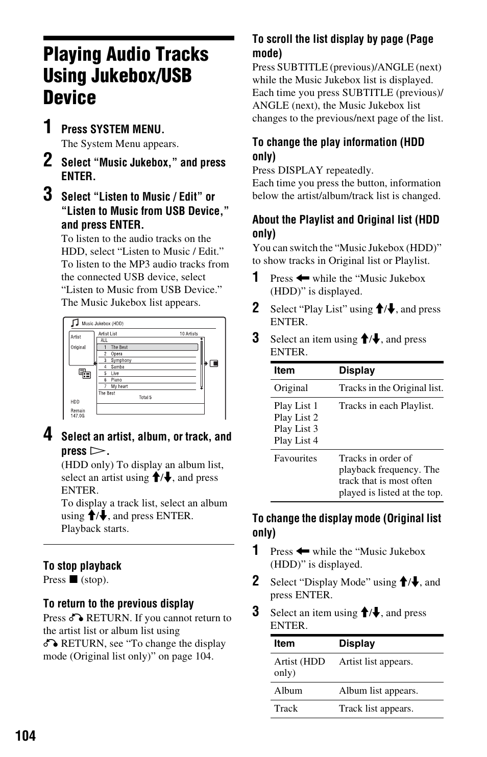 Playing audio tracks using jukebox/usb device, Playing audio tracks using jukebox/usb device 1 | Sony RDR-HXD995 User Manual | Page 104 / 168