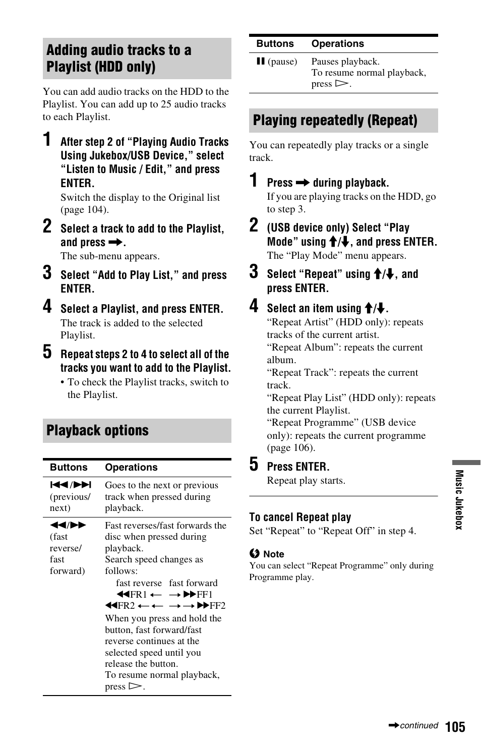 Adding audio tracks to a playlist (hdd only), Playback options, Playing repeatedly (repeat) | Sony RDR-HXD995 User Manual | Page 105 / 168