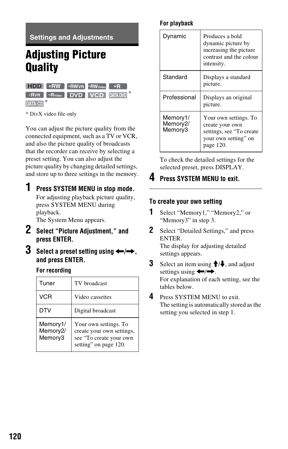 Settings and adjustments, Adjusting picture quality, Nu (120) | Sony RDR-HXD995 User Manual | Page 120 / 168