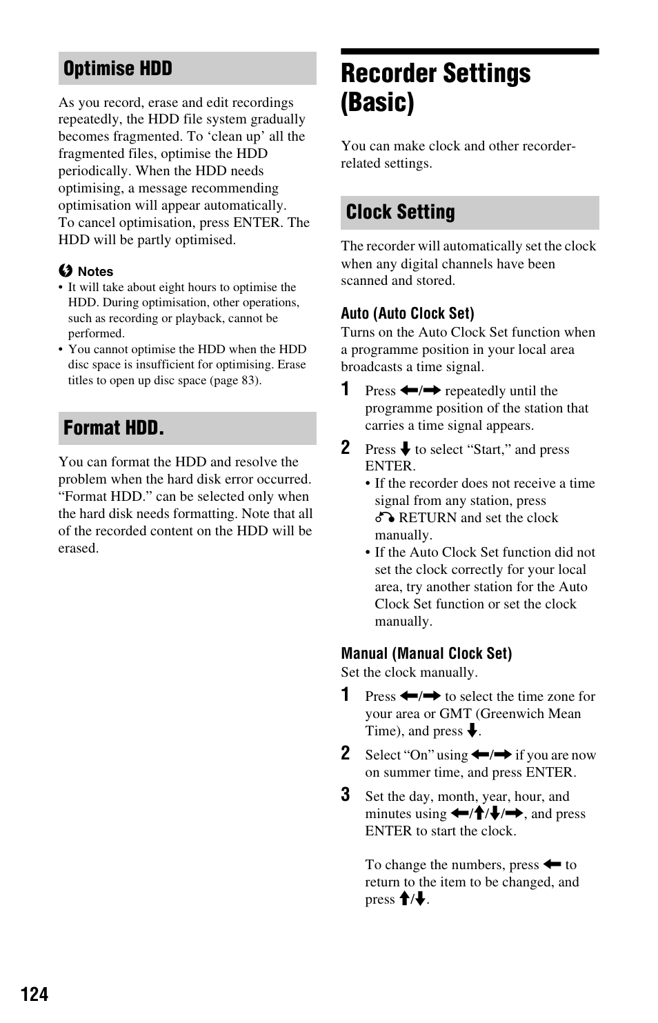 Recorder settings (basic), Optimise hdd format hdd. clock setting | Sony RDR-HXD995 User Manual | Page 124 / 168