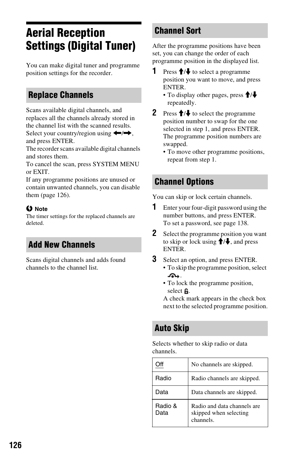Aerial reception settings (digital tuner), Exit (126) | Sony RDR-HXD995 User Manual | Page 126 / 168