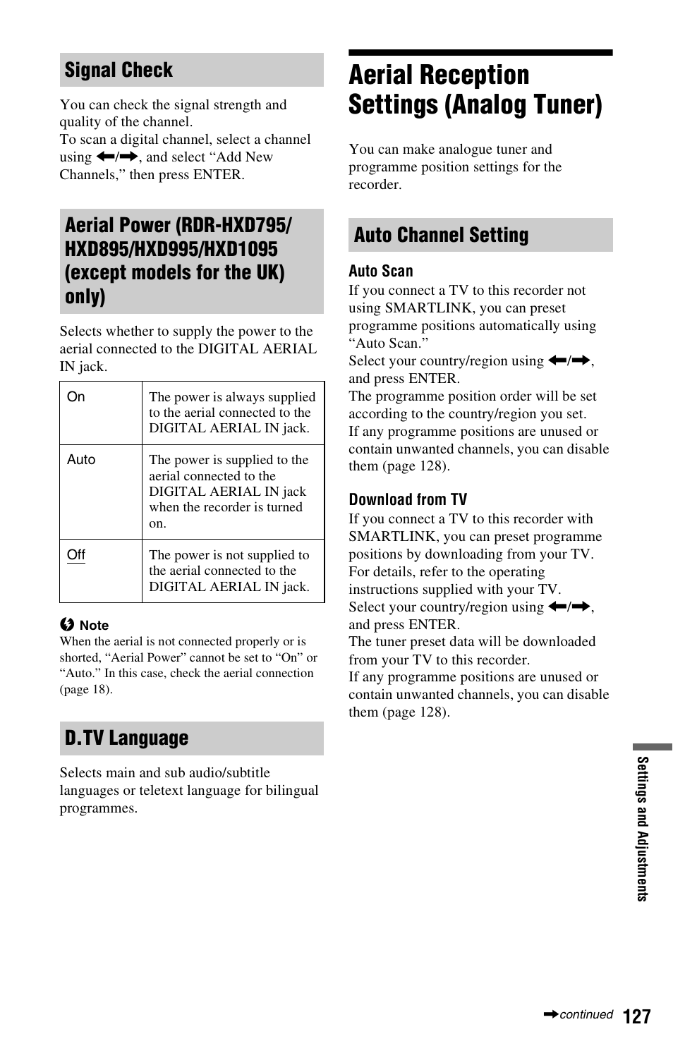 Aerial reception settings (analog tuner), D.tv language auto channel setting | Sony RDR-HXD995 User Manual | Page 127 / 168
