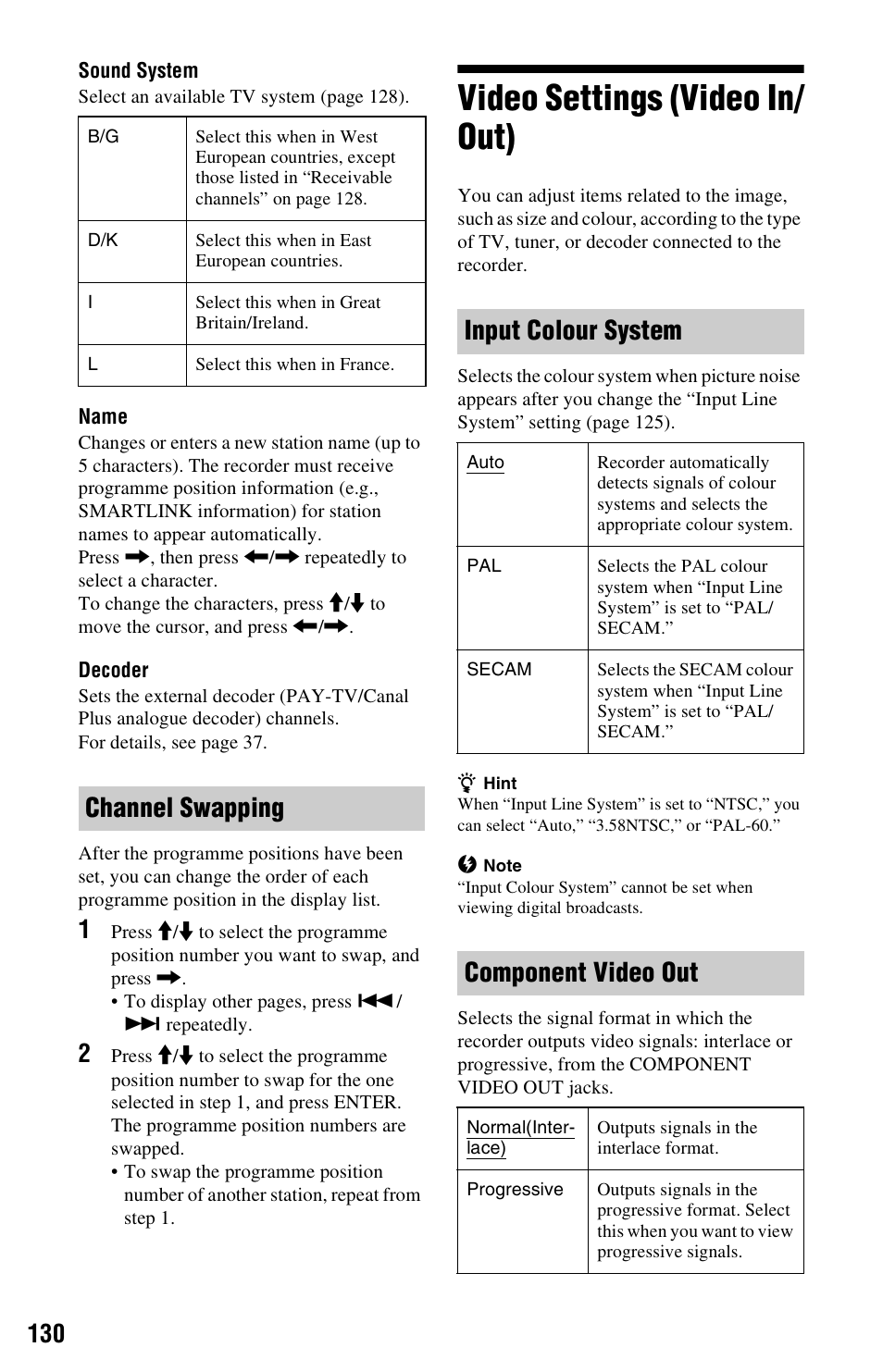 Video settings (video in/out), Component video out, Video settings (video in/ out) | Channel swapping input colour system | Sony RDR-HXD995 User Manual | Page 130 / 168