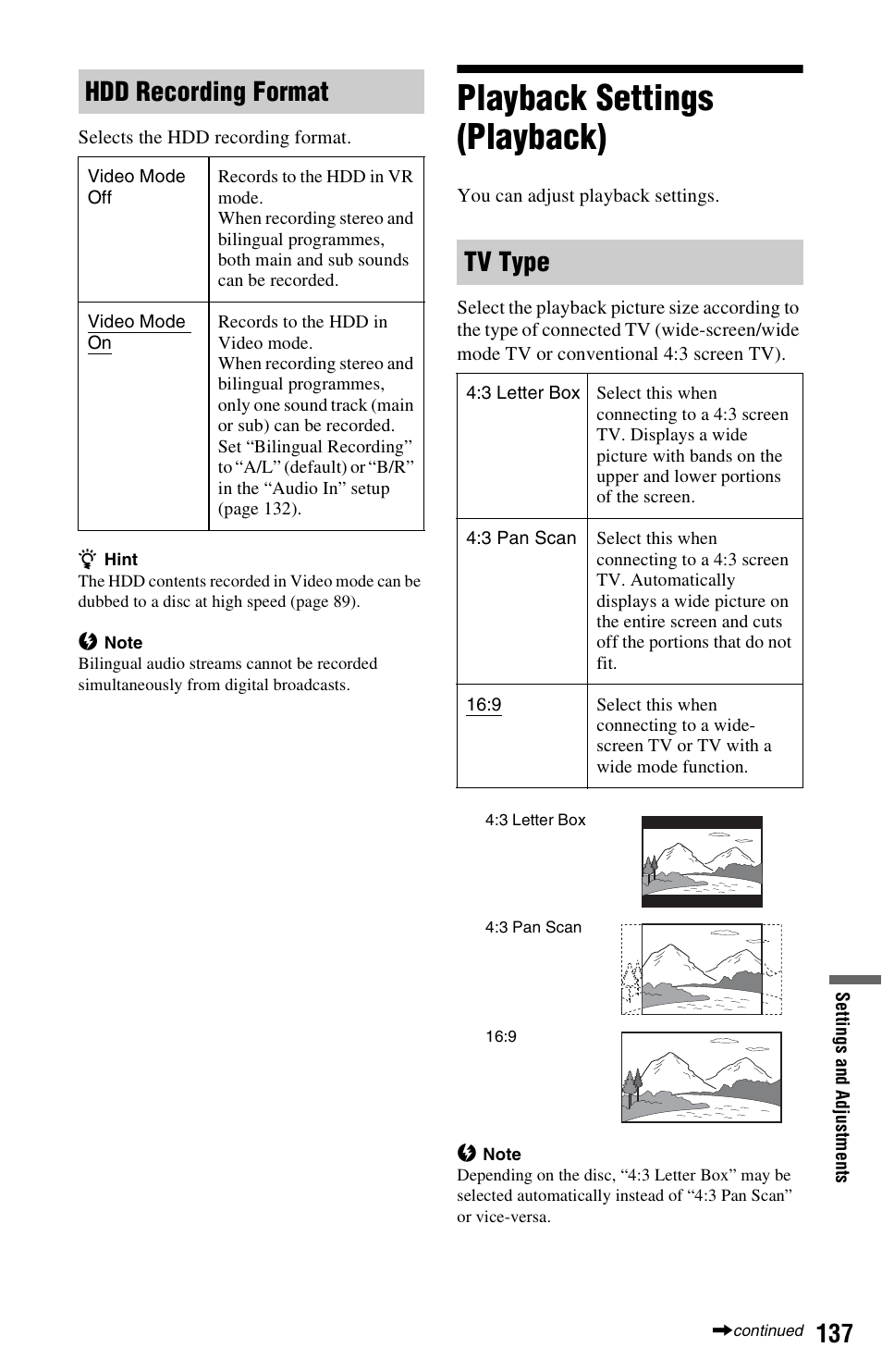 Playback settings (playback), Hdd recording format, Tv type | Sony RDR-HXD995 User Manual | Page 137 / 168
