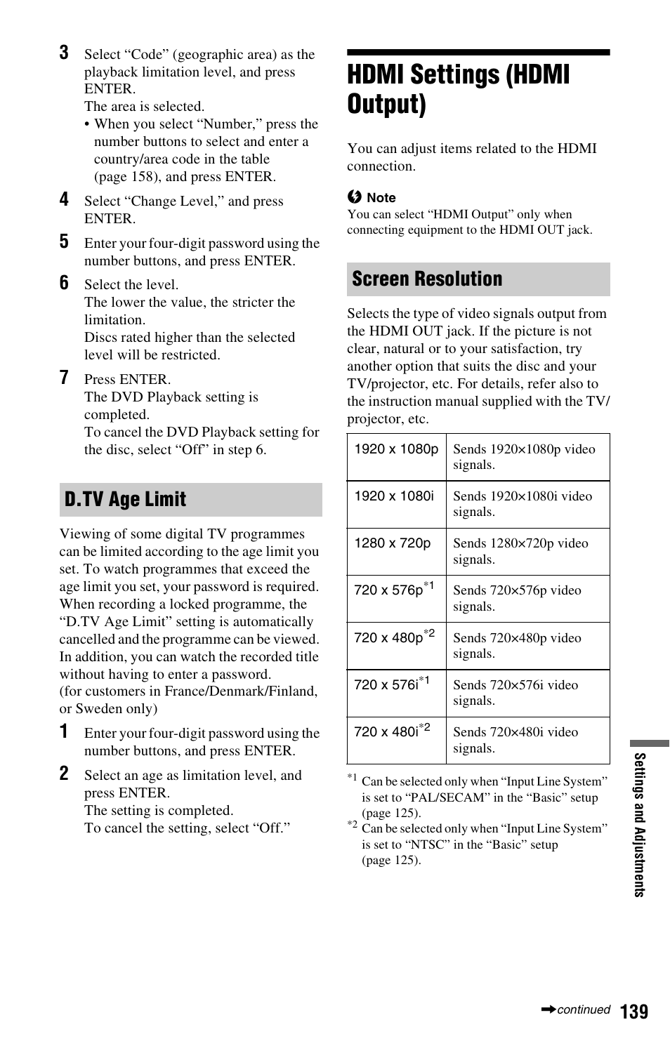 Hdmi settings (hdmi output), D.tv age limit screen resolution | Sony RDR-HXD995 User Manual | Page 139 / 168