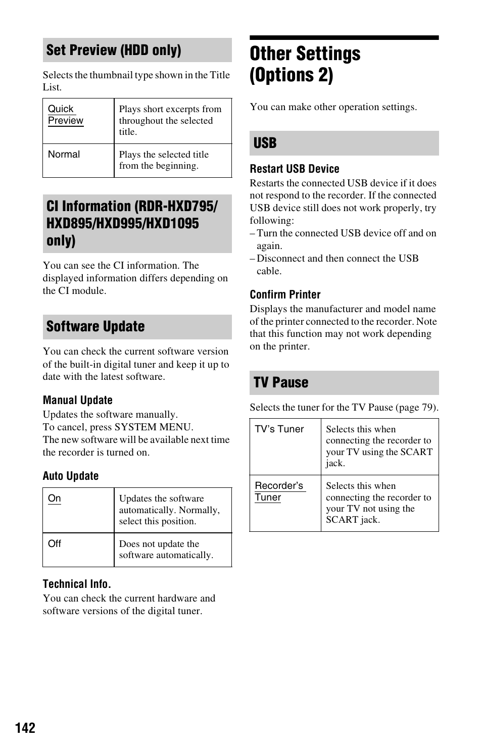 Other settings (options 2), Set preview (hdd only), Usb tv pause | Sony RDR-HXD995 User Manual | Page 142 / 168