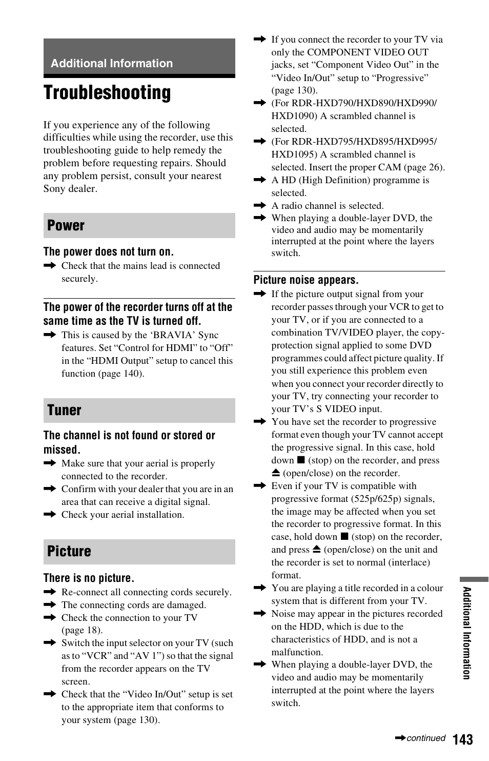 Additional information, Troubleshooting, Power tuner picture | Sony RDR-HXD995 User Manual | Page 143 / 168