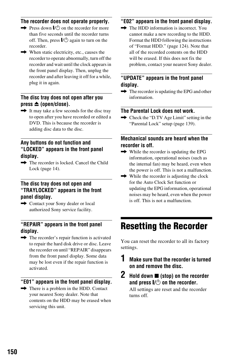 Resetting the recorder | Sony RDR-HXD995 User Manual | Page 150 / 168