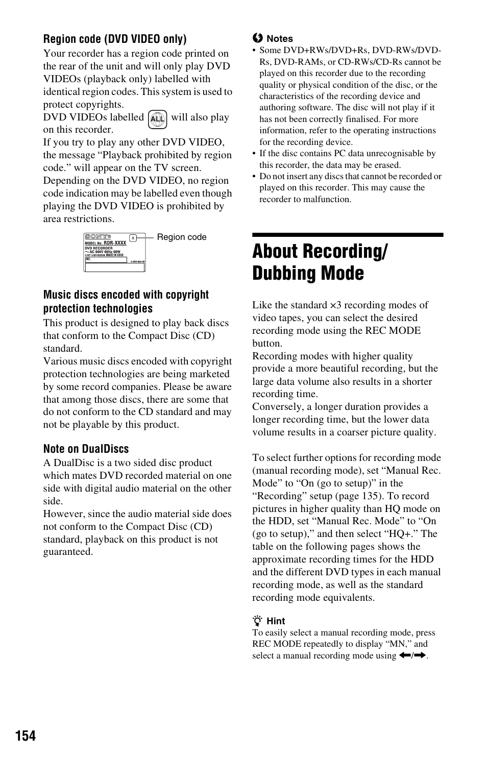 About recording/dubbing mode, About recording/ dubbing mode | Sony RDR-HXD995 User Manual | Page 154 / 168