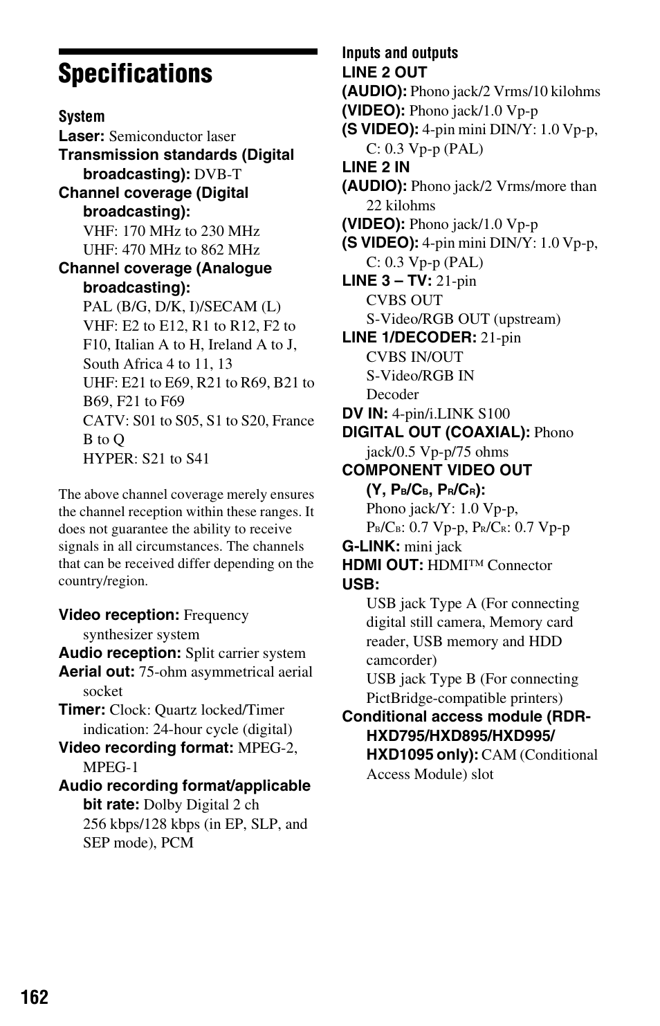 Specifications | Sony RDR-HXD995 User Manual | Page 162 / 168
