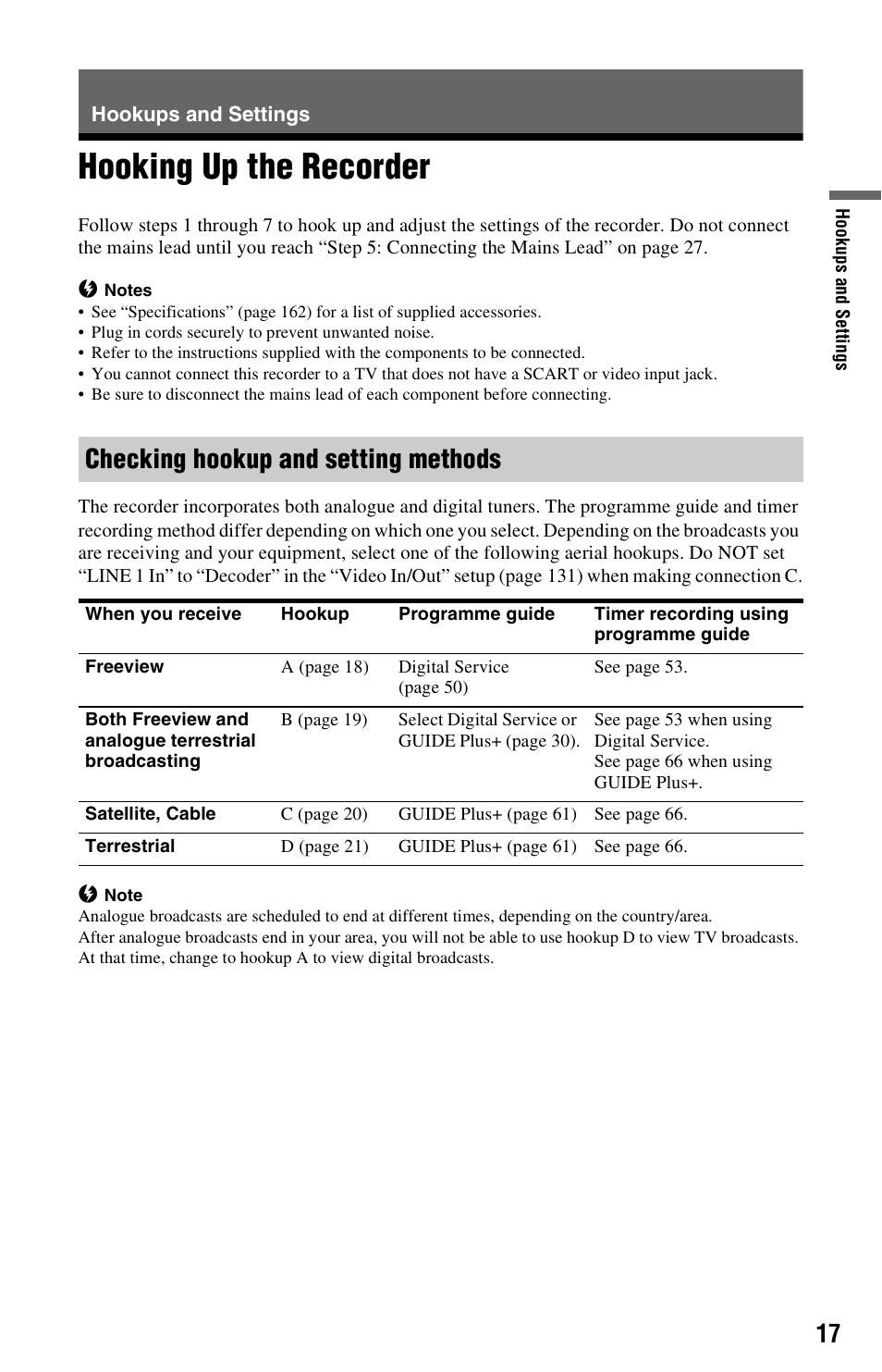 Hookups and settings, Hooking up the recorder, Checking hookup and setting methods | Sony RDR-HXD995 User Manual | Page 17 / 168