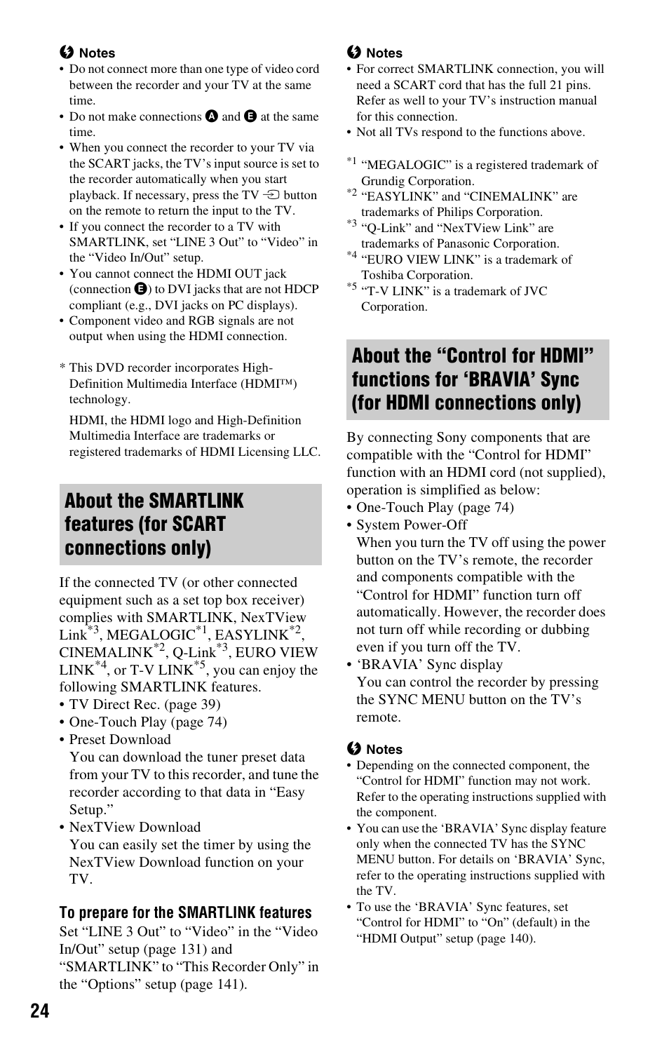 For hdmi connections only) | Sony RDR-HXD995 User Manual | Page 24 / 168