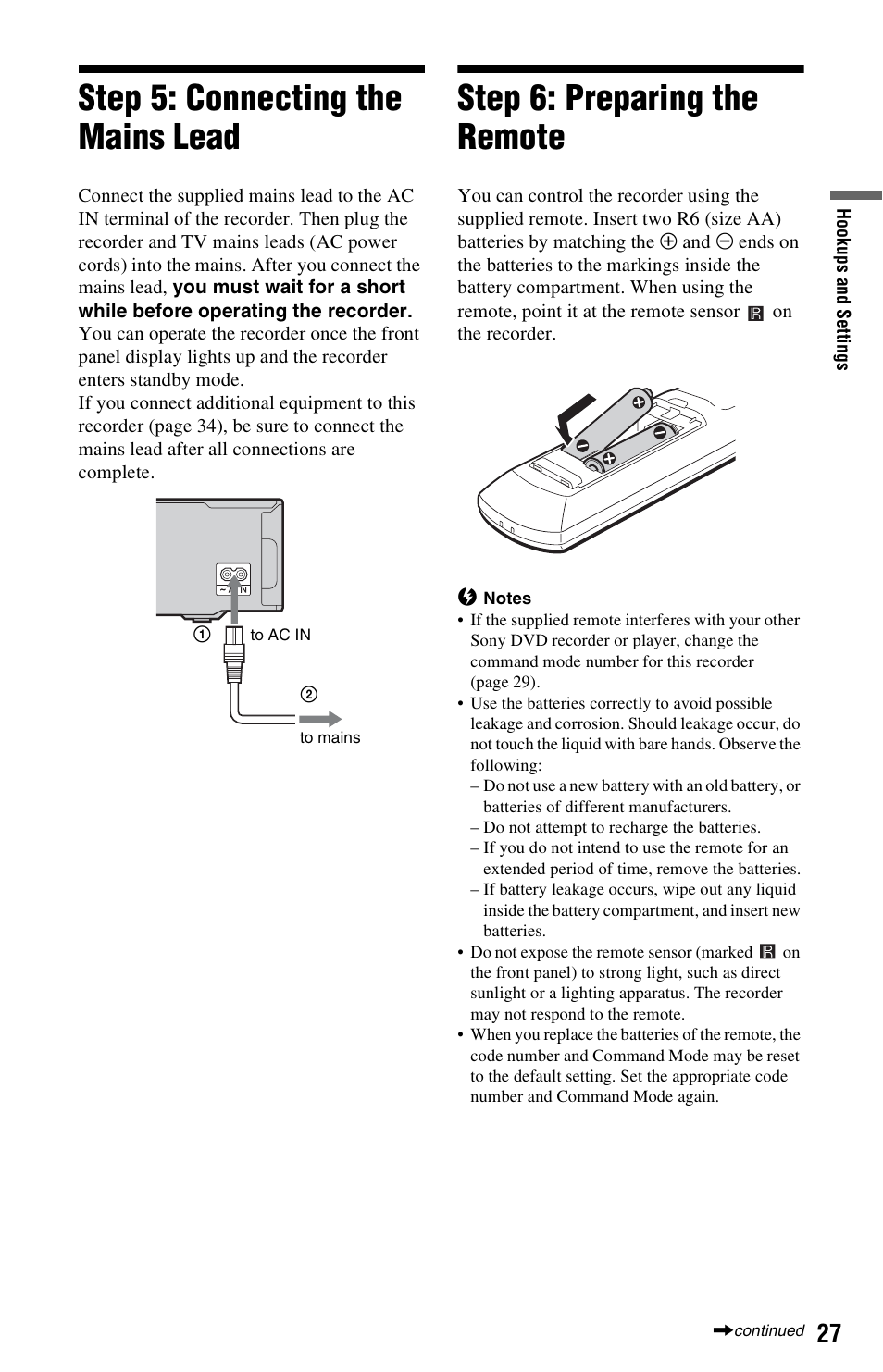 Step 5: connecting the mains lead, Step 6: preparing the remote, Inal (27) | Step 5: connecting the mains lead” o | Sony RDR-HXD995 User Manual | Page 27 / 168