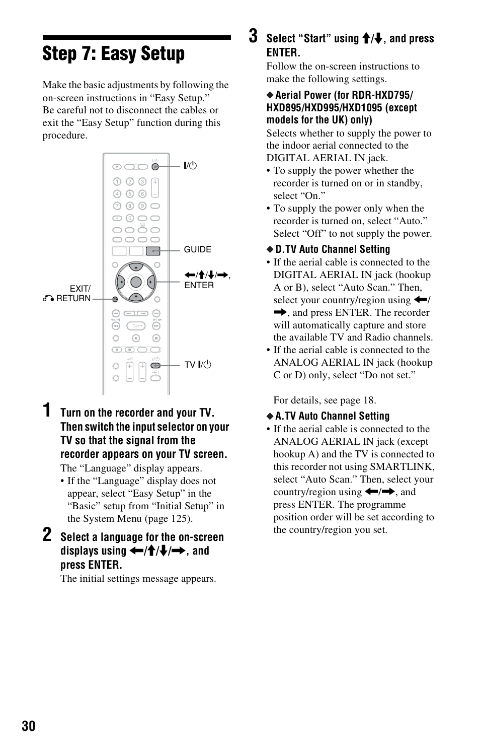 Step 7: easy setup, Rn (30) | Sony RDR-HXD995 User Manual | Page 30 / 168