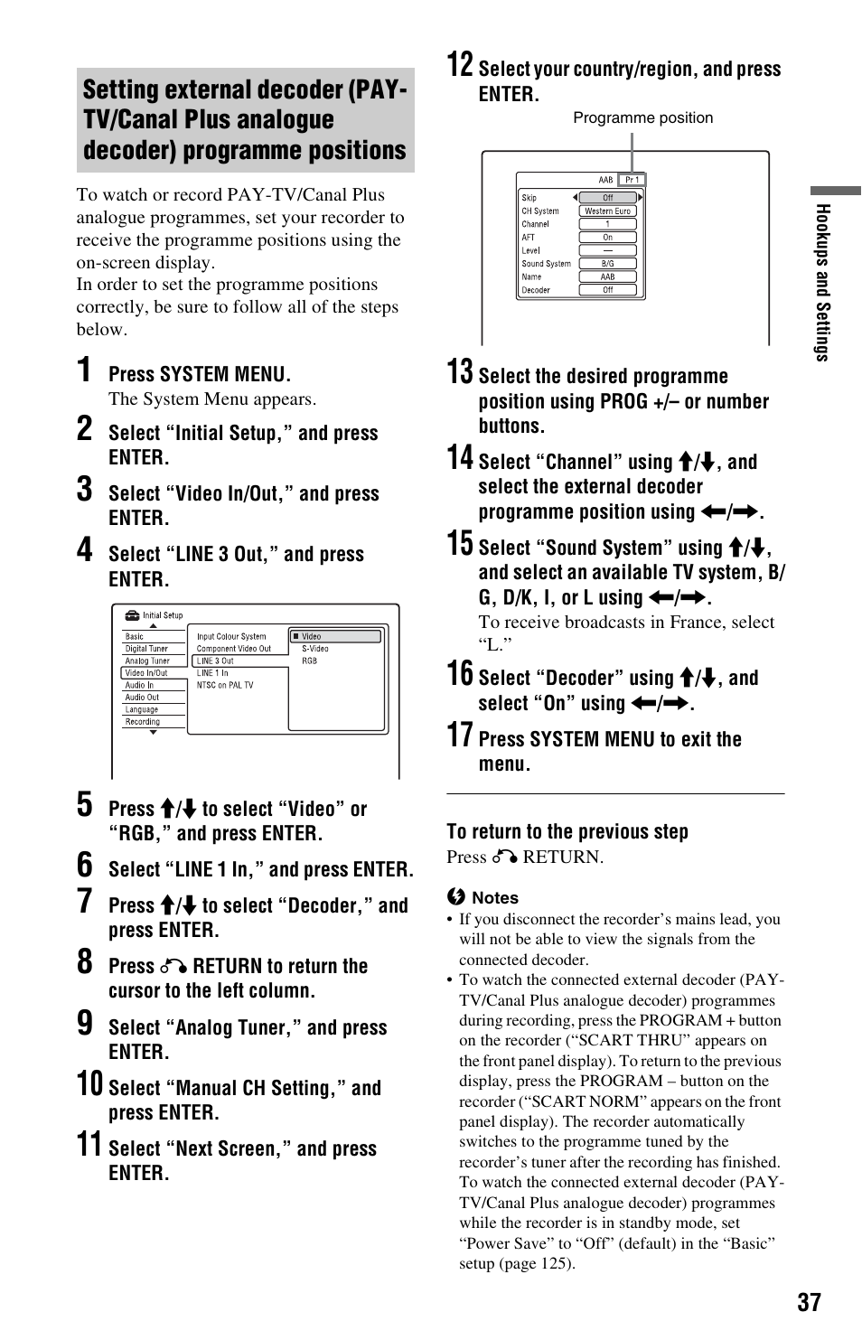 Programme positions | Sony RDR-HXD995 User Manual | Page 37 / 168