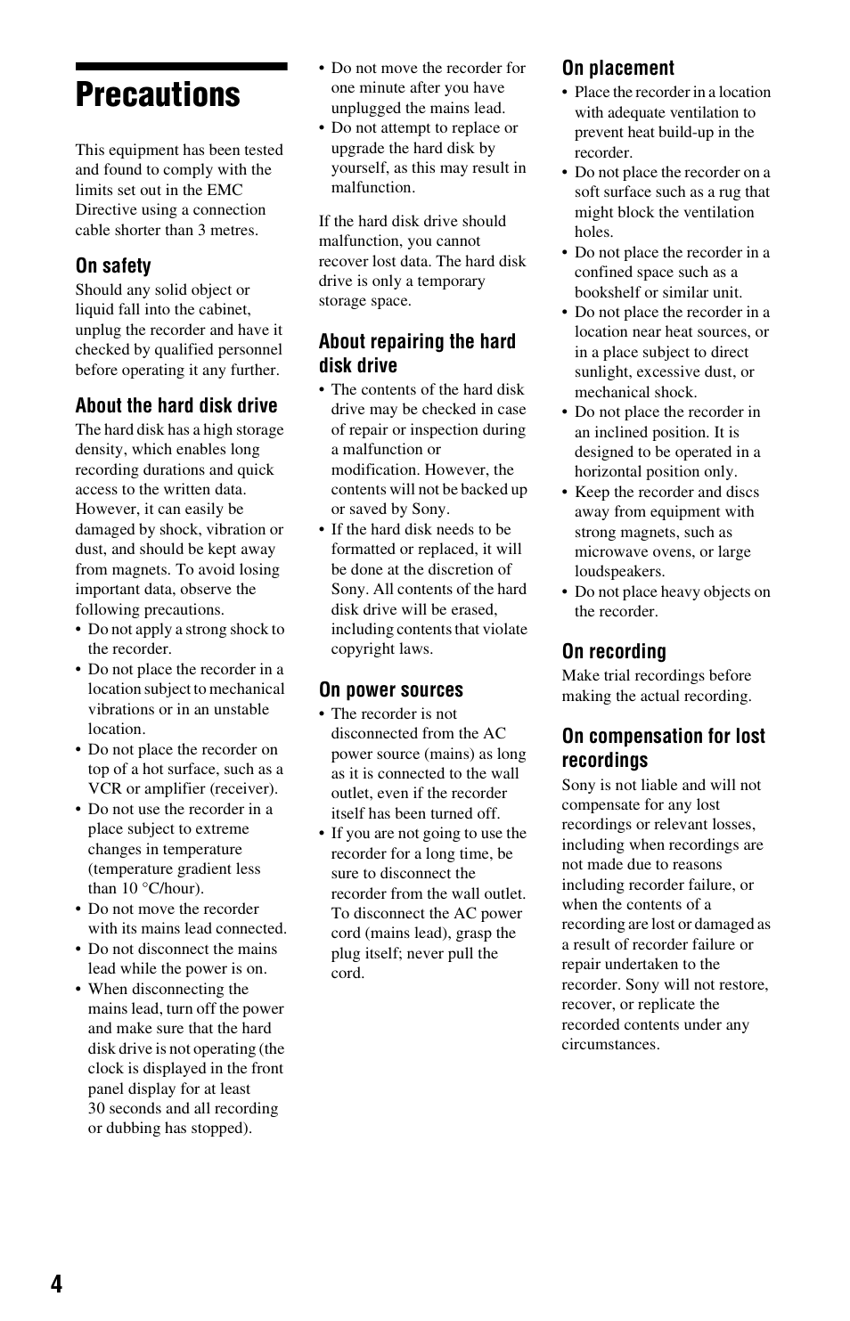Precautions | Sony RDR-HXD995 User Manual | Page 4 / 168