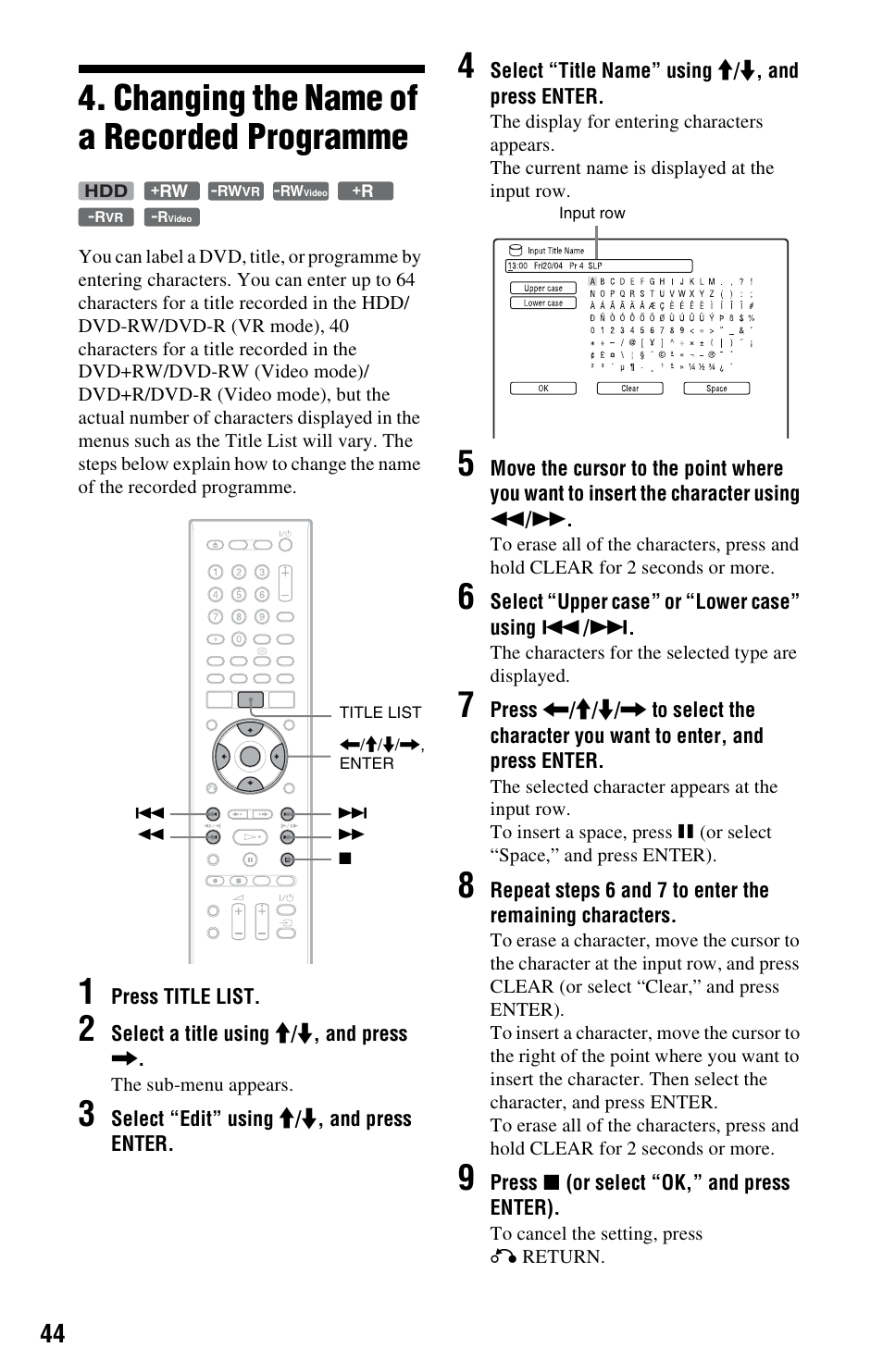 Changing the name of a recorded programme | Sony RDR-HXD995 User Manual | Page 44 / 168