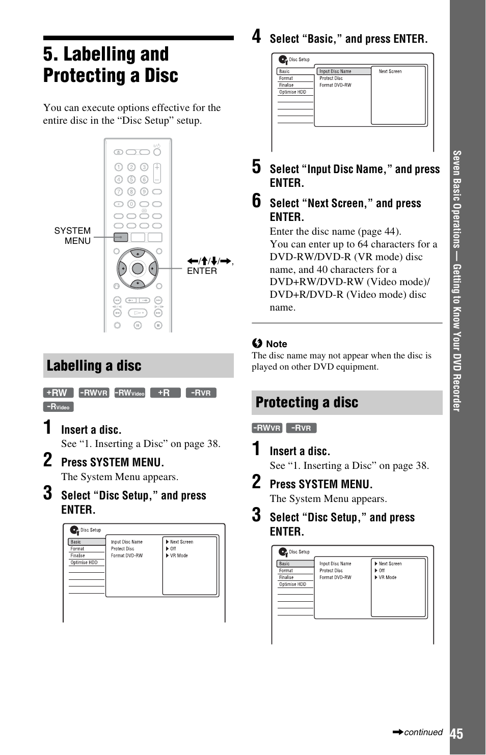 Labelling and protecting a disc, Labelling a disc, Protecting a disc | Labelling a disc protecting a disc | Sony RDR-HXD995 User Manual | Page 45 / 168