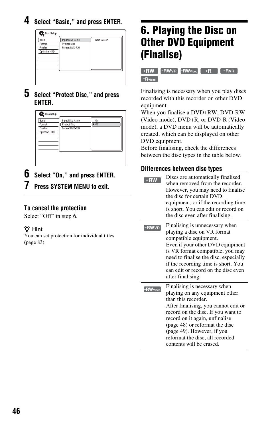 Playing the disc on other dvd equipment (finalise) | Sony RDR-HXD995 User Manual | Page 46 / 168