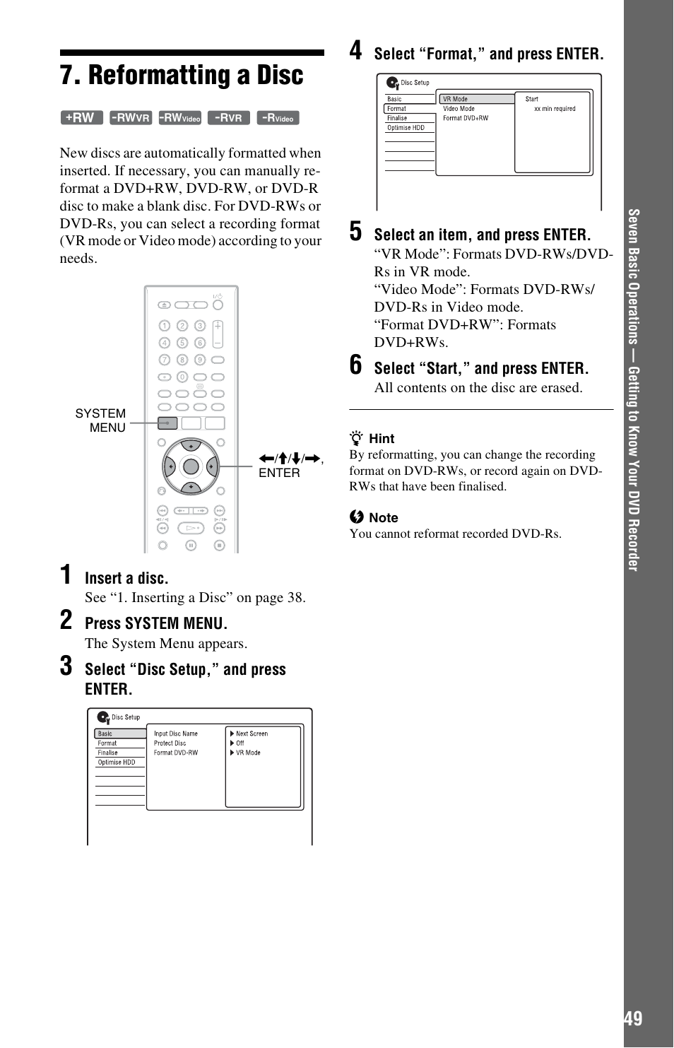 Reformatting a disc | Sony RDR-HXD995 User Manual | Page 49 / 168