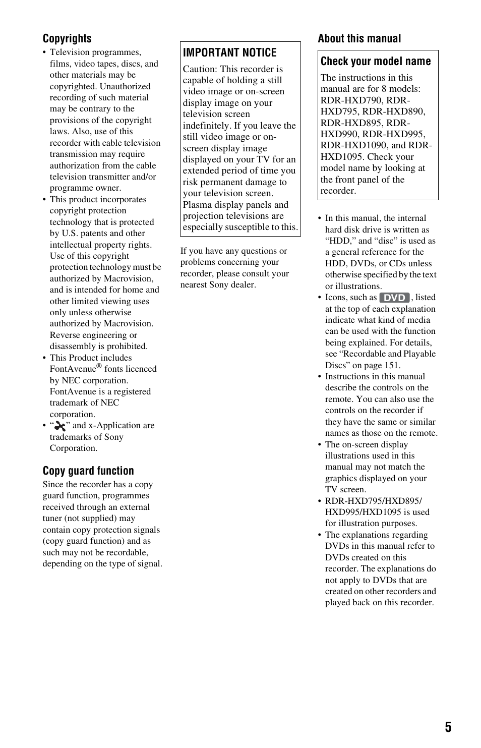 Sony RDR-HXD995 User Manual | Page 5 / 168