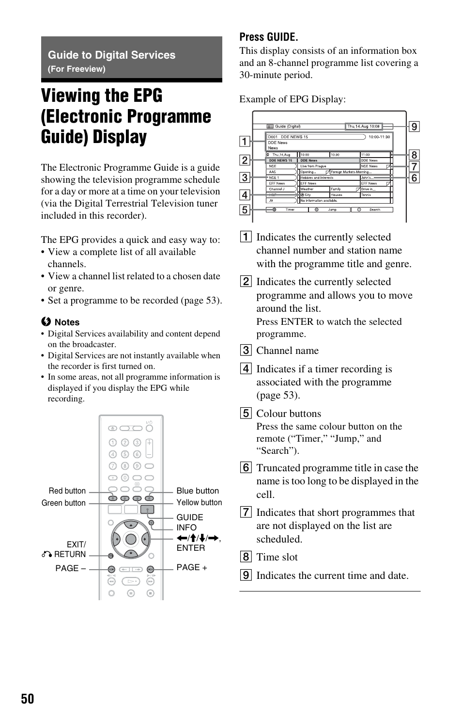 Guide to digital services (for freeview), N (50, 6, W (50 | Ue (50, E (50, 61), Ge +/– (50, 62) | Sony RDR-HXD995 User Manual | Page 50 / 168