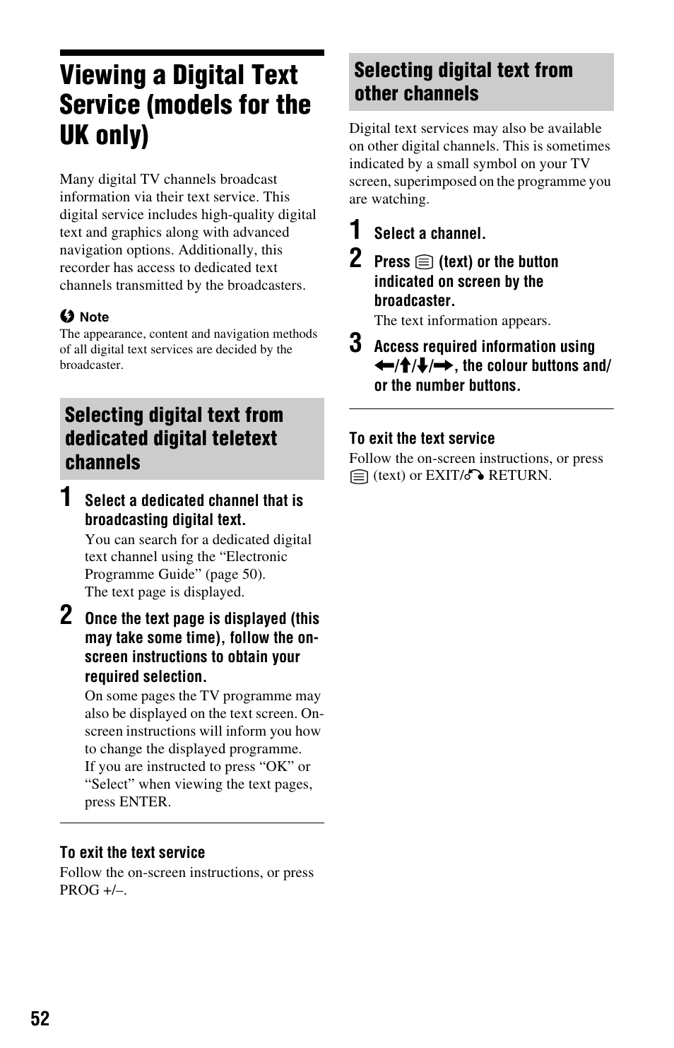 Selecting digital text from other channels | Sony RDR-HXD995 User Manual | Page 52 / 168