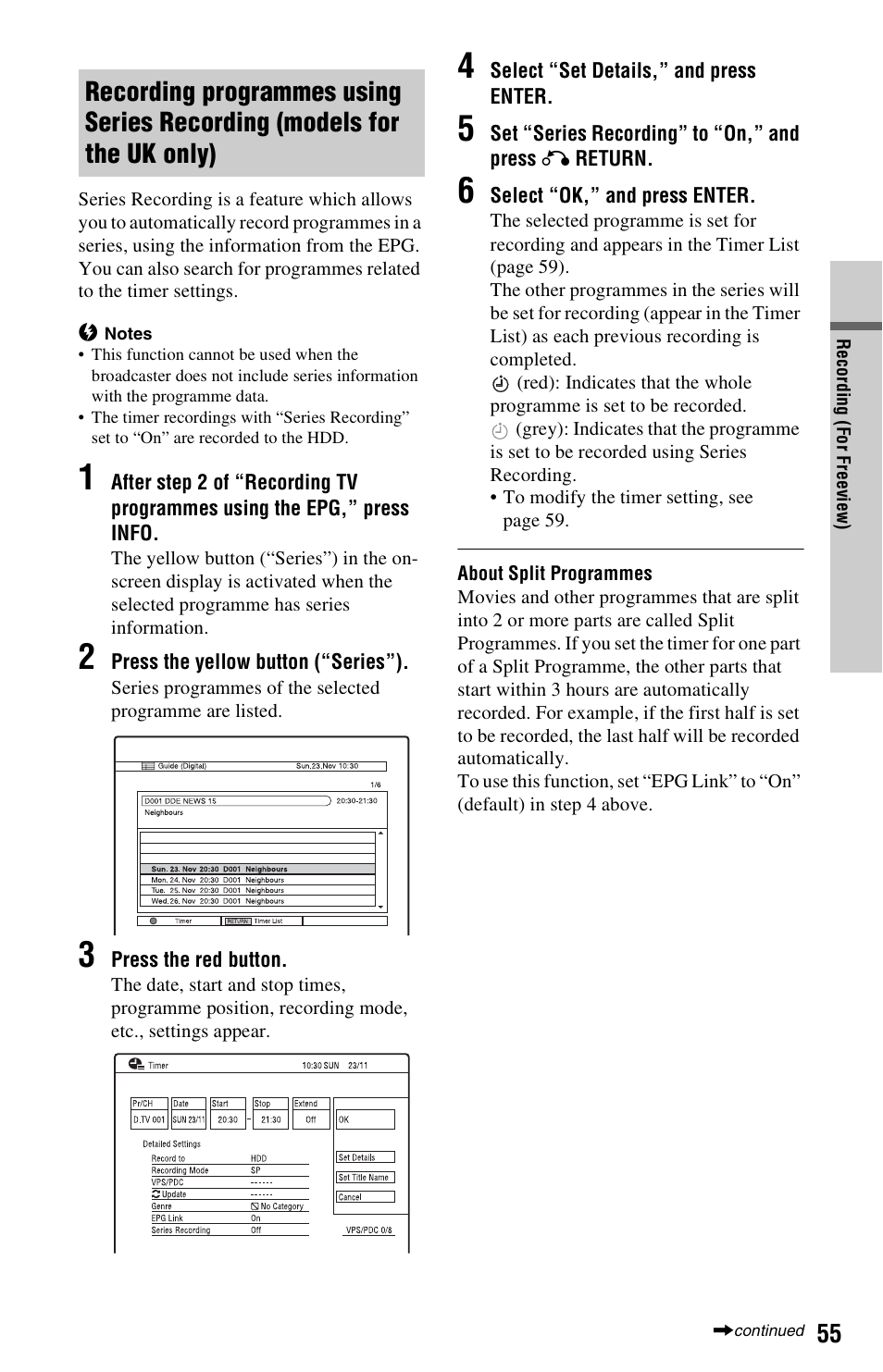 Recording programmes using series recording, Models for the uk only) | Sony RDR-HXD995 User Manual | Page 55 / 168