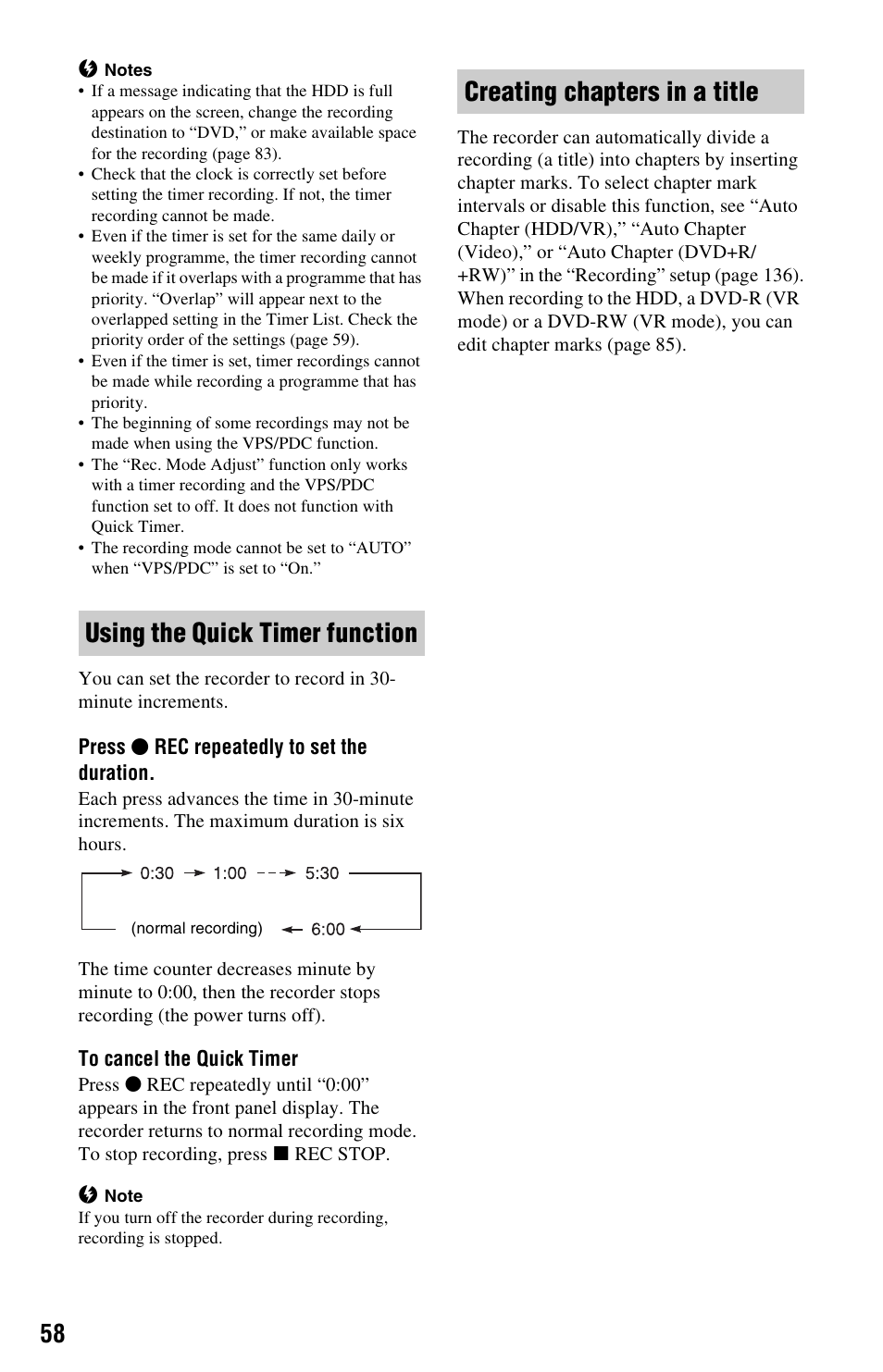 Using the quick timer function, Creating chapters in a title | Sony RDR-HXD995 User Manual | Page 58 / 168