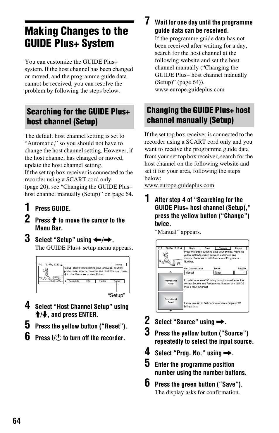 Making changes to the guide plus+ system, Searching for the guide plus+ host channel (setup) | Sony RDR-HXD995 User Manual | Page 64 / 168