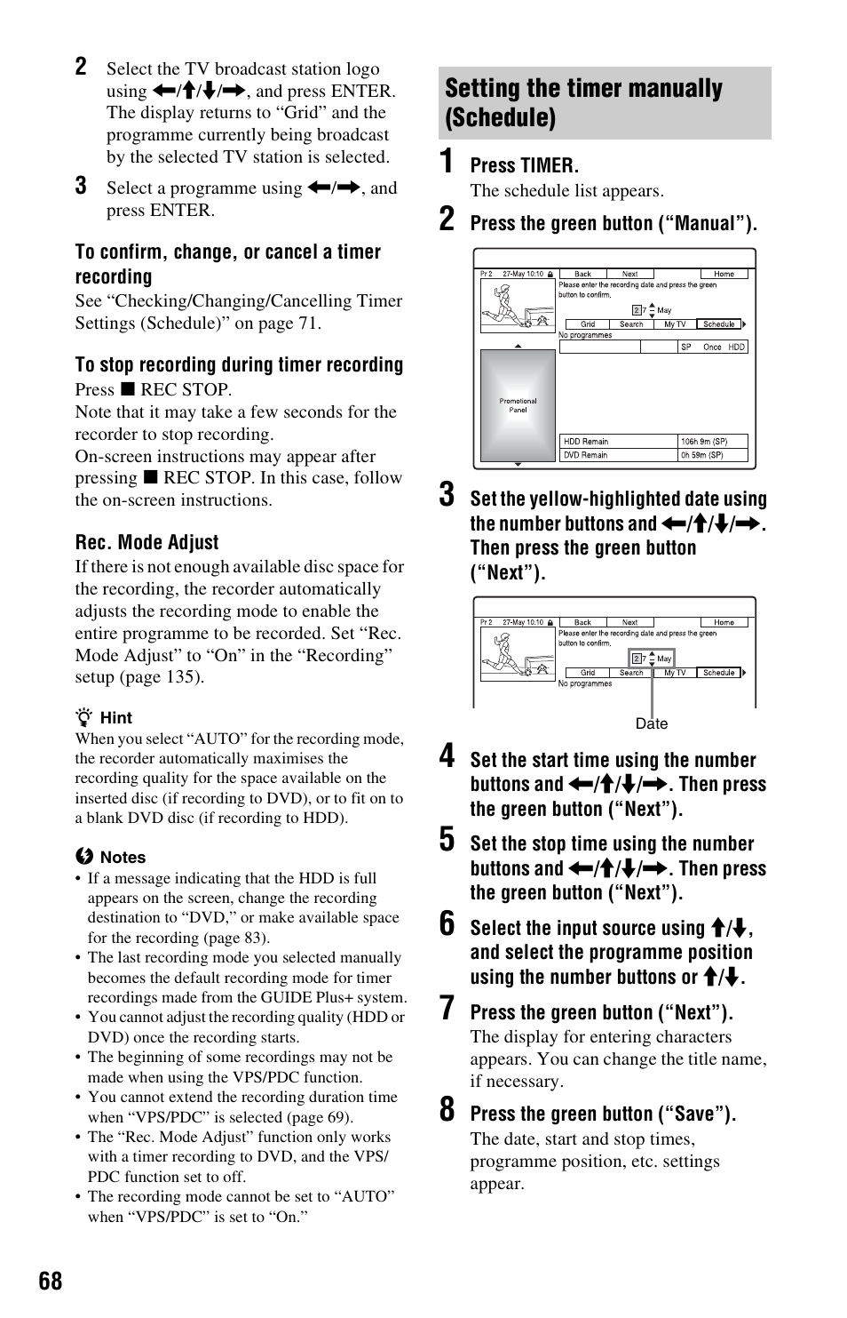 Setting the timer manually (schedule) | Sony RDR-HXD995 User Manual | Page 68 / 168