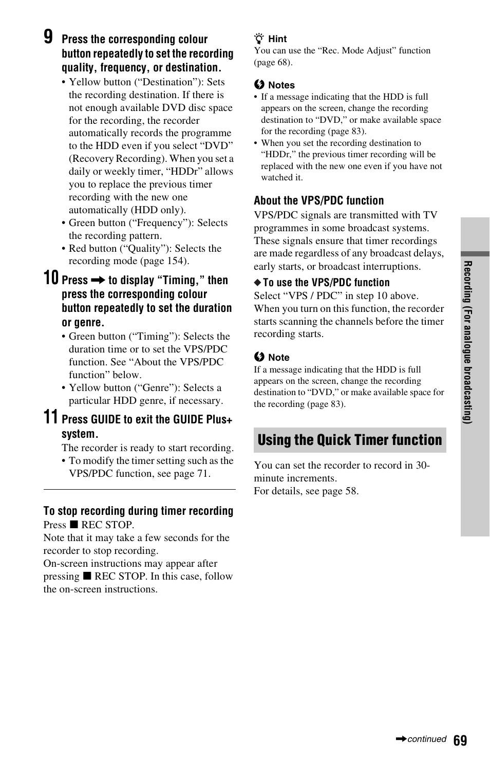 Using the quick timer function, For ana | Sony RDR-HXD995 User Manual | Page 69 / 168