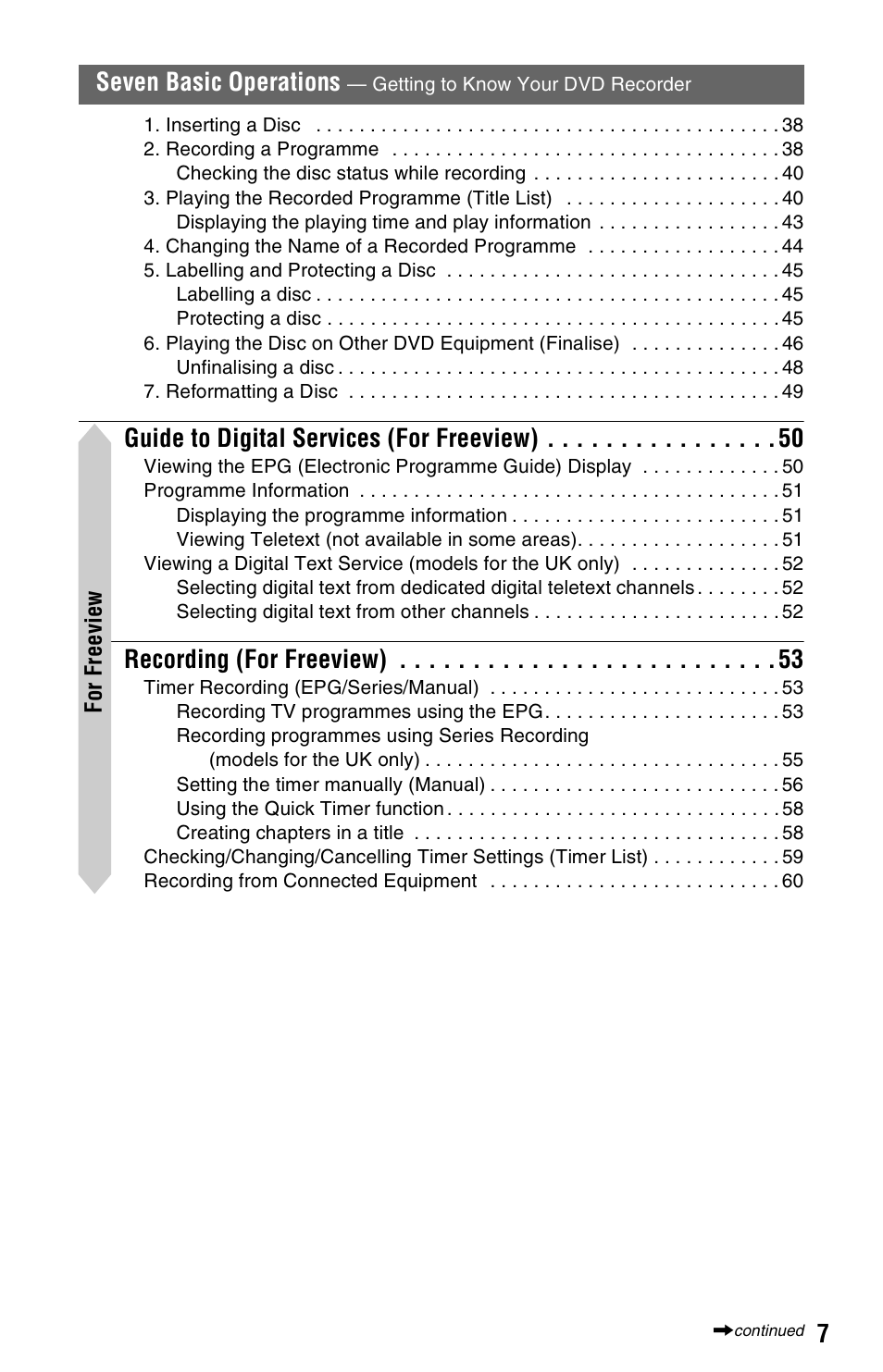 Guide to digital services (for freeview), Recording (for freeview), Seven basic operations | Sony RDR-HXD995 User Manual | Page 7 / 168