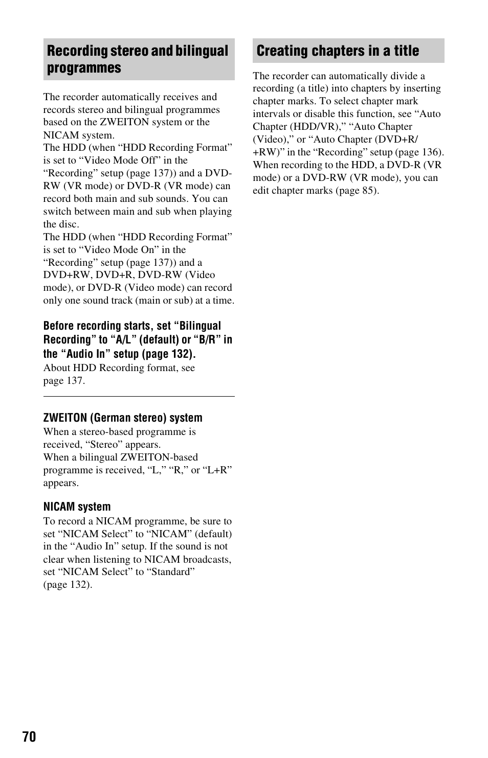Recording stereo and bilingual programmes, Creating chapters in a title | Sony RDR-HXD995 User Manual | Page 70 / 168