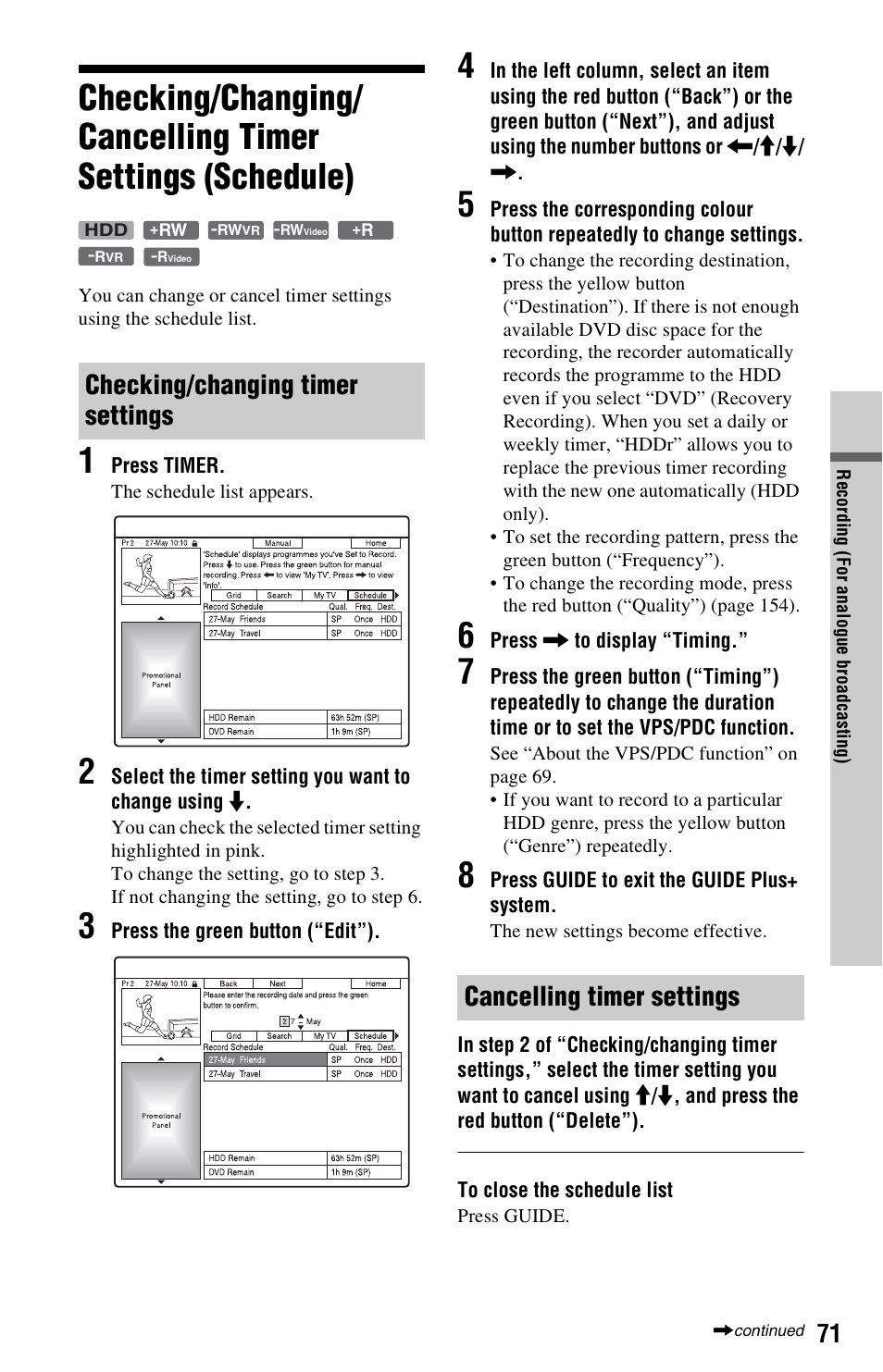 Checking/changing timer settings, Cancelling timer settings | Sony RDR-HXD995 User Manual | Page 71 / 168