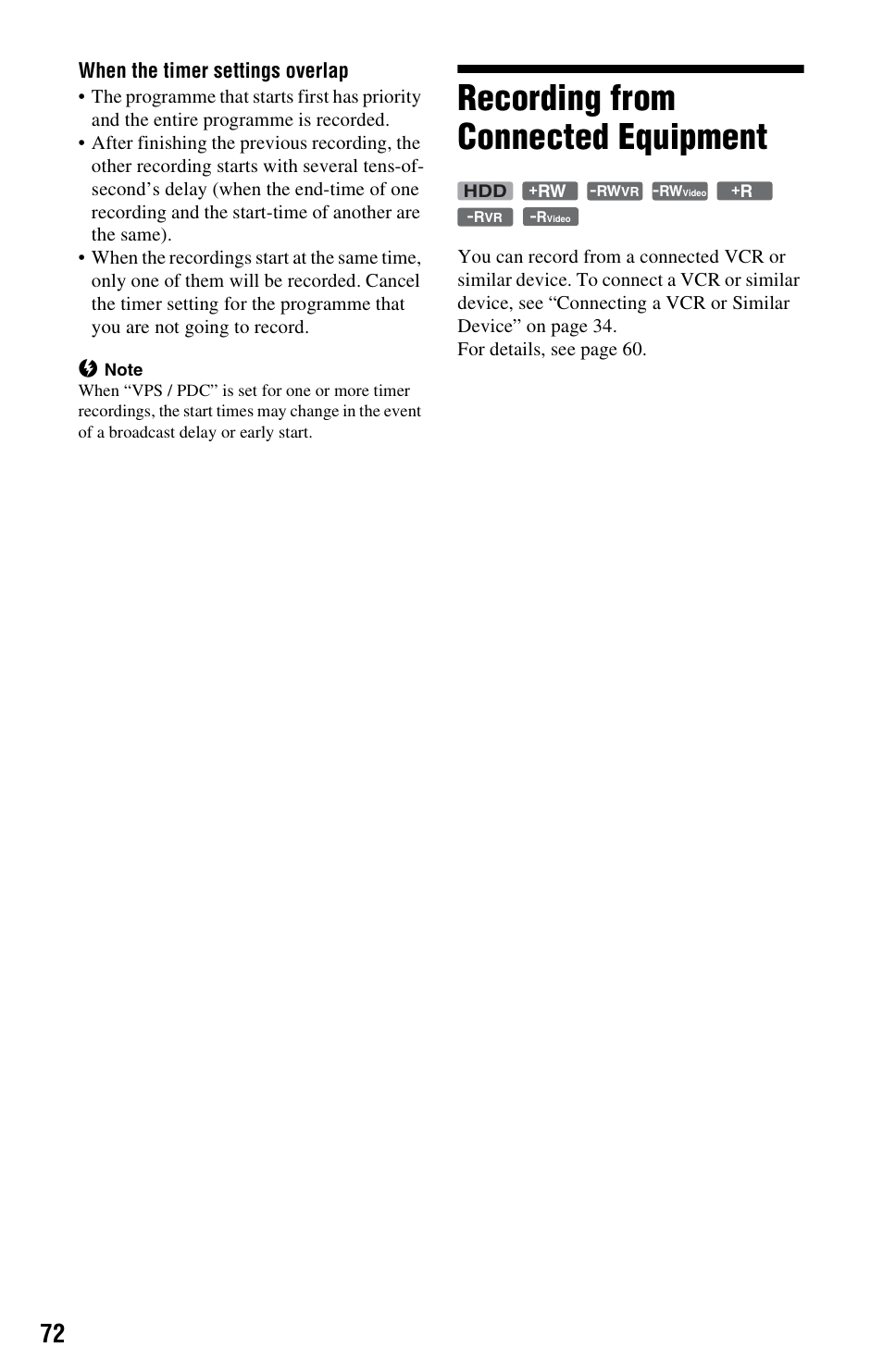 Recording from connected equipment, When the timer settings overlap | Sony RDR-HXD995 User Manual | Page 72 / 168
