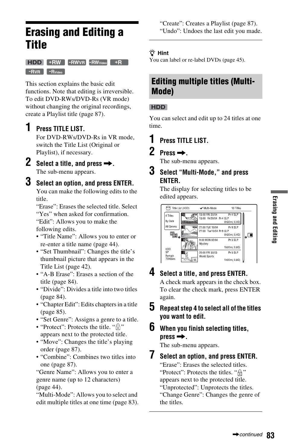 Erasing and editing a title, Editing multiple titles (multi-mode), Editing multiple titles (multi- mode) | Sony RDR-HXD995 User Manual | Page 83 / 168