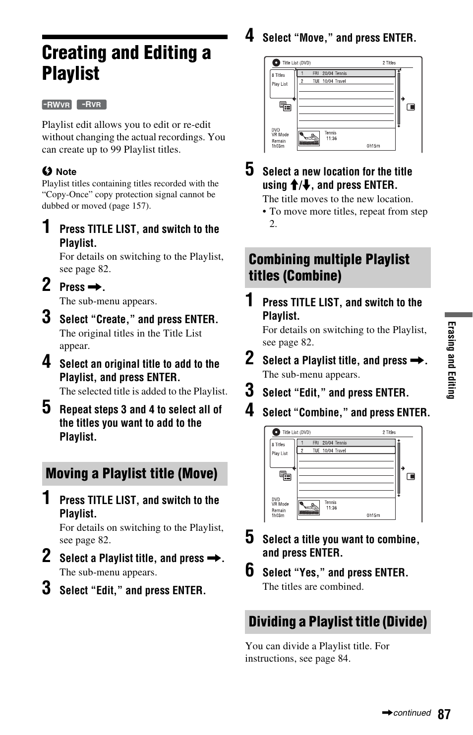 Creating and editing a playlist, Moving a playlist title (move), Combining multiple playlist titles (combine) | Dividing a playlist title (divide) | Sony RDR-HXD995 User Manual | Page 87 / 168