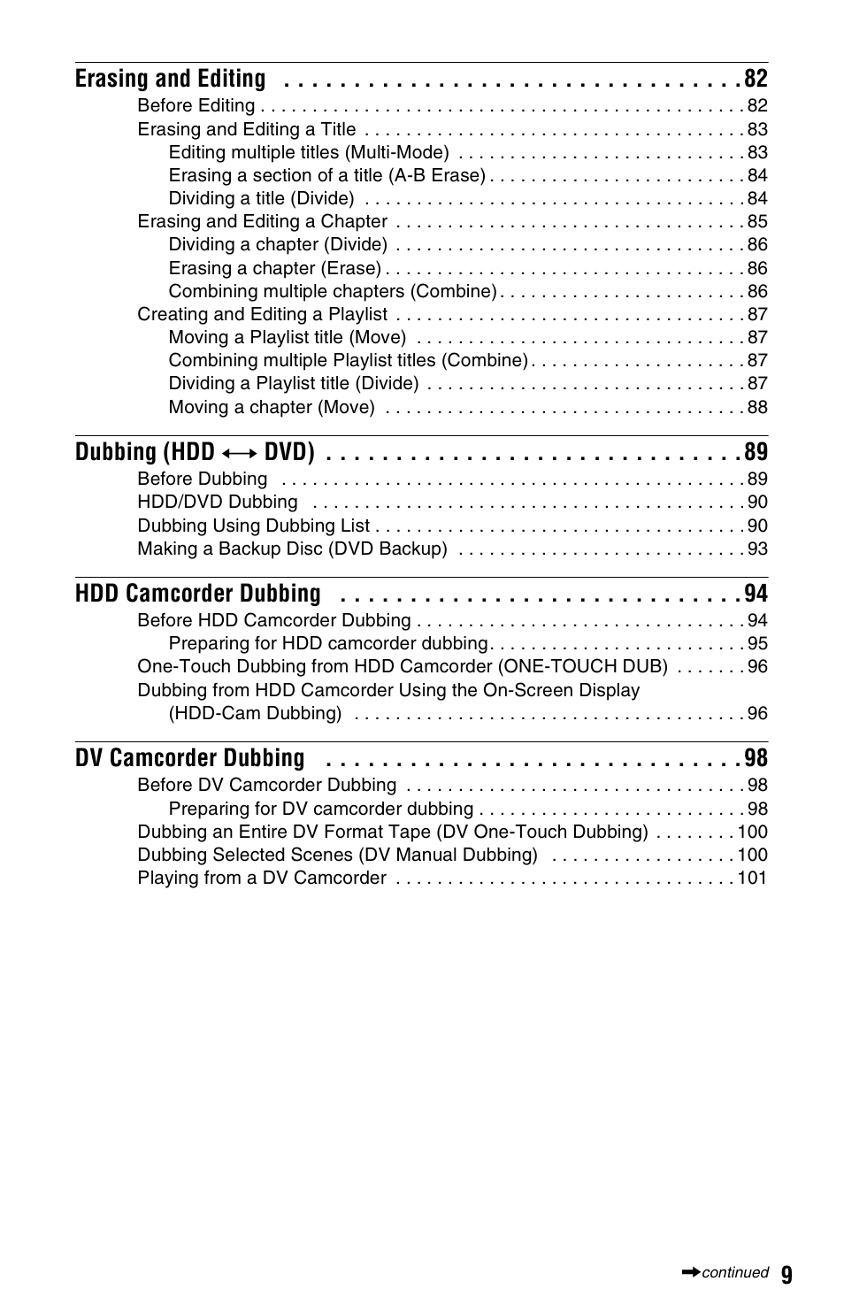 9erasing and editing, Dubbing (hdd y dvd), Hdd camcorder dubbing | Dv camcorder dubbing | Sony RDR-HXD995 User Manual | Page 9 / 168